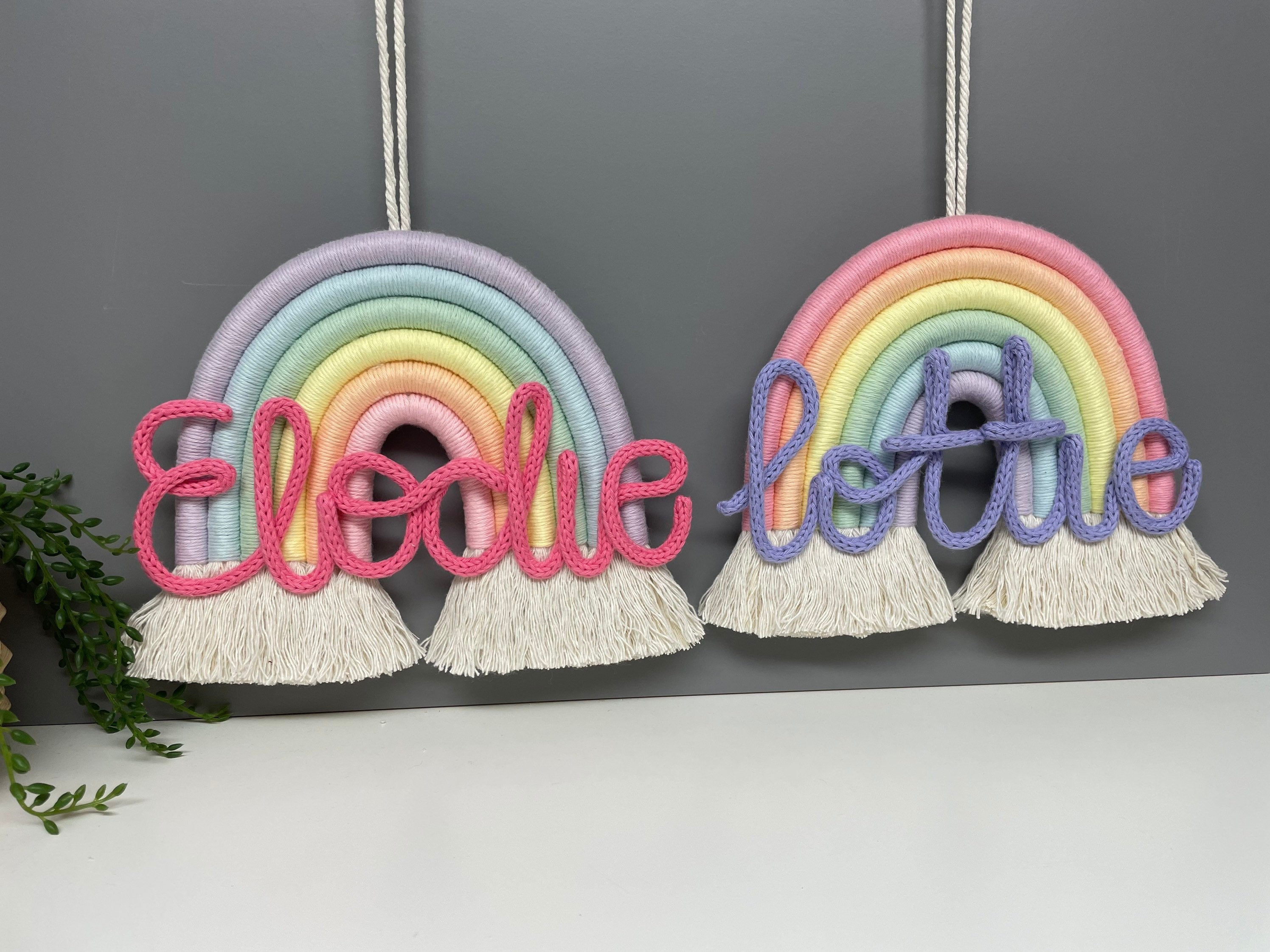 Personalised macrame rainbow with knitted wire name - nursery decor - new baby gift - home decor - rainbow wall hanging - knitted wire words