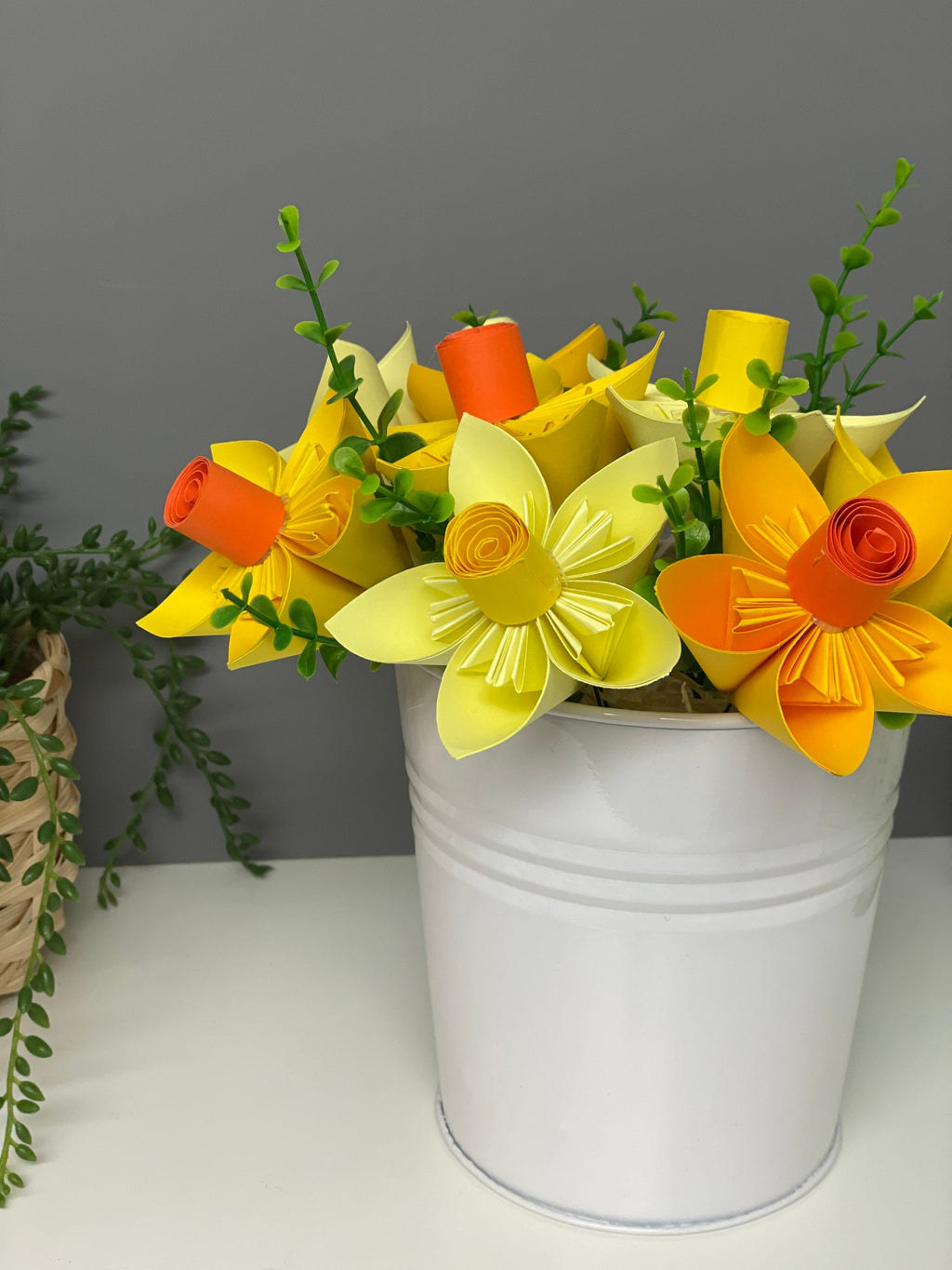 Paper Daffodils in white metal bucket, Floral table decor, everlasting flowers, Easter, Spring decor.