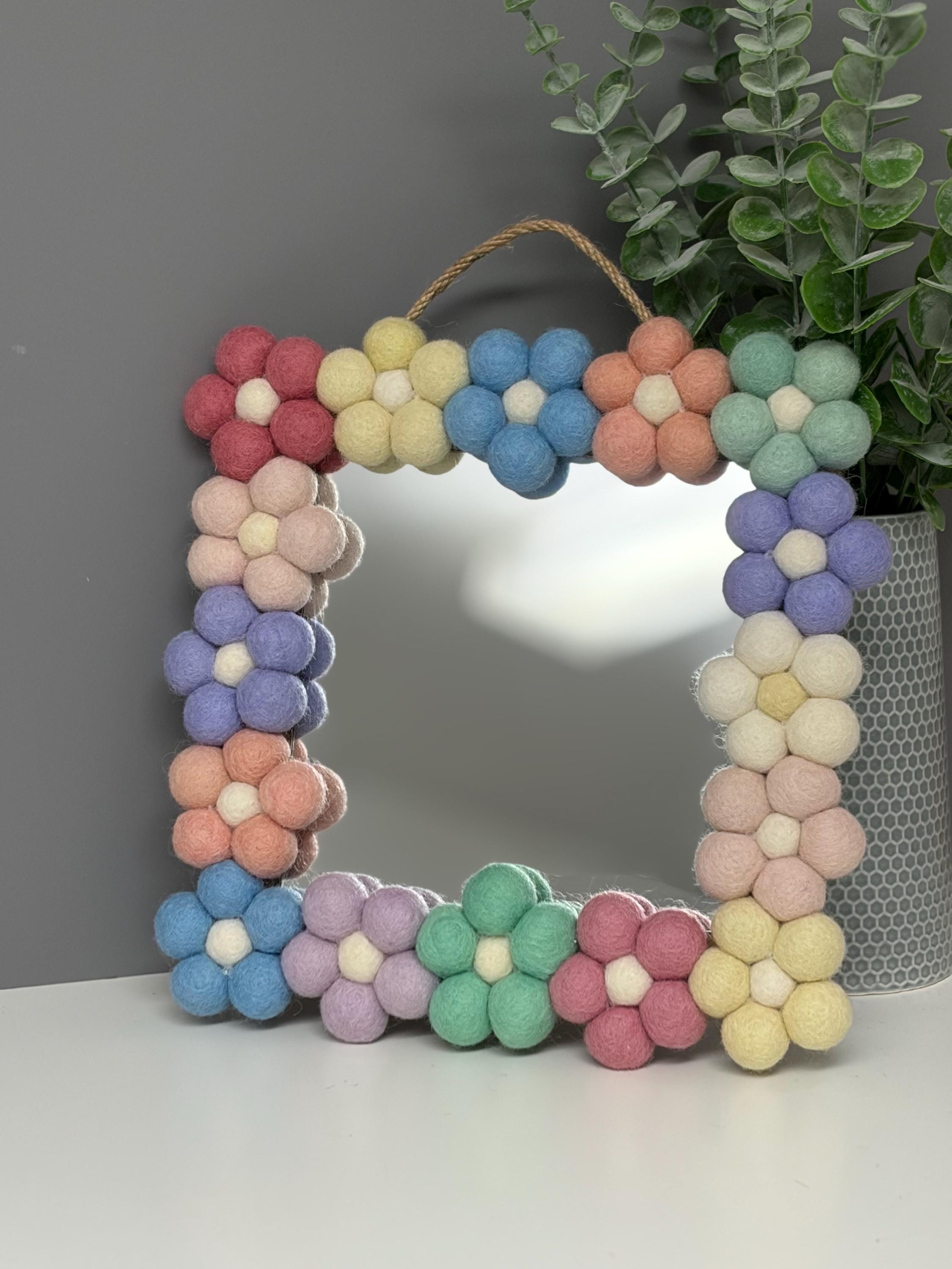 Pom Pom flower Wall Mirror, Wool Felt rainbow Pom Poms, Nursery Decor, square mirror.