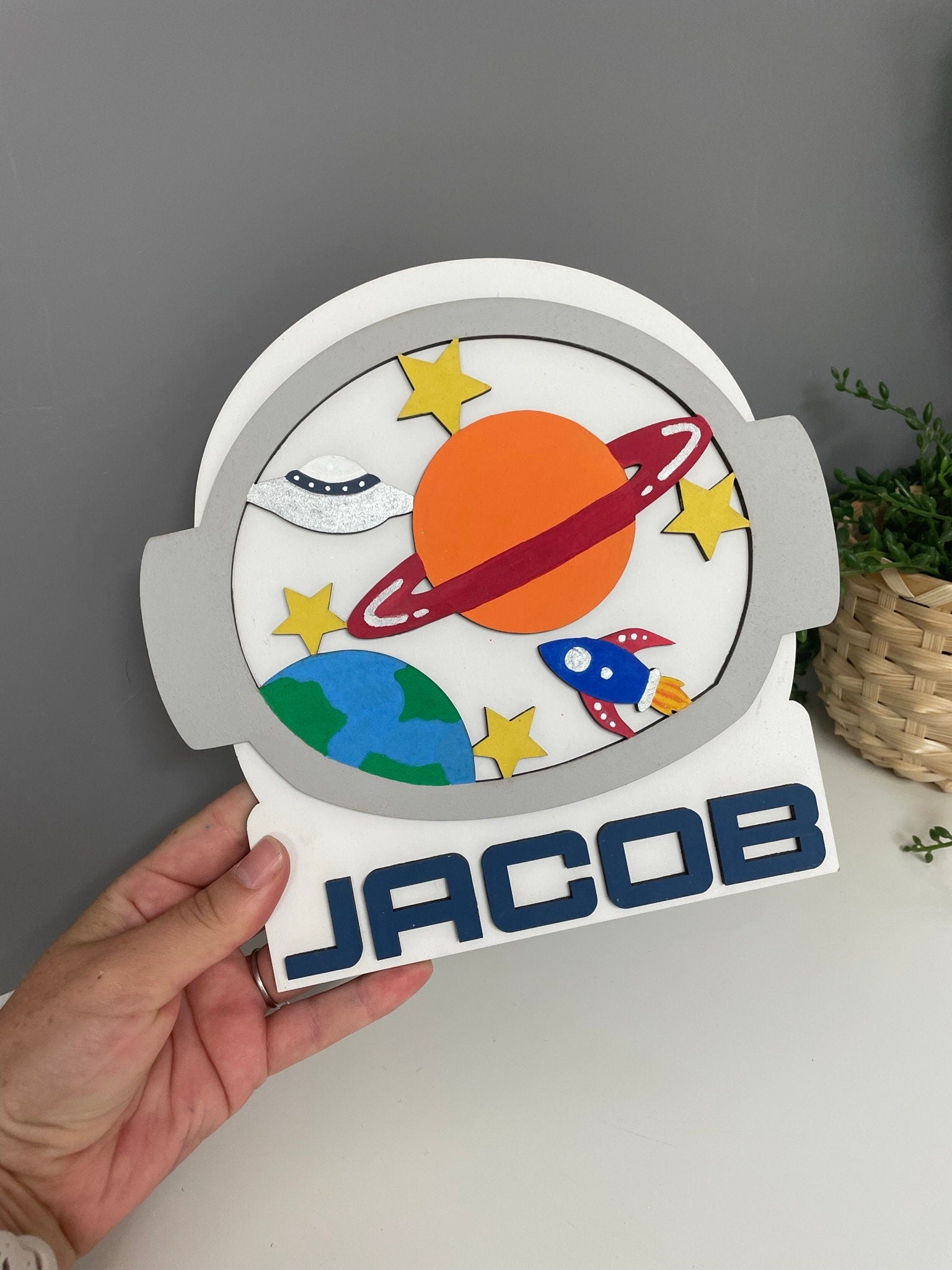 Astronaut name plaque - space theme bedroom decor - space name plaque - planets - wooden door sign