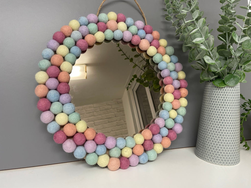 Medium Circular Hanging Pom pom mirror, pastel rainbow Pom Poms, playroom, nursery decor