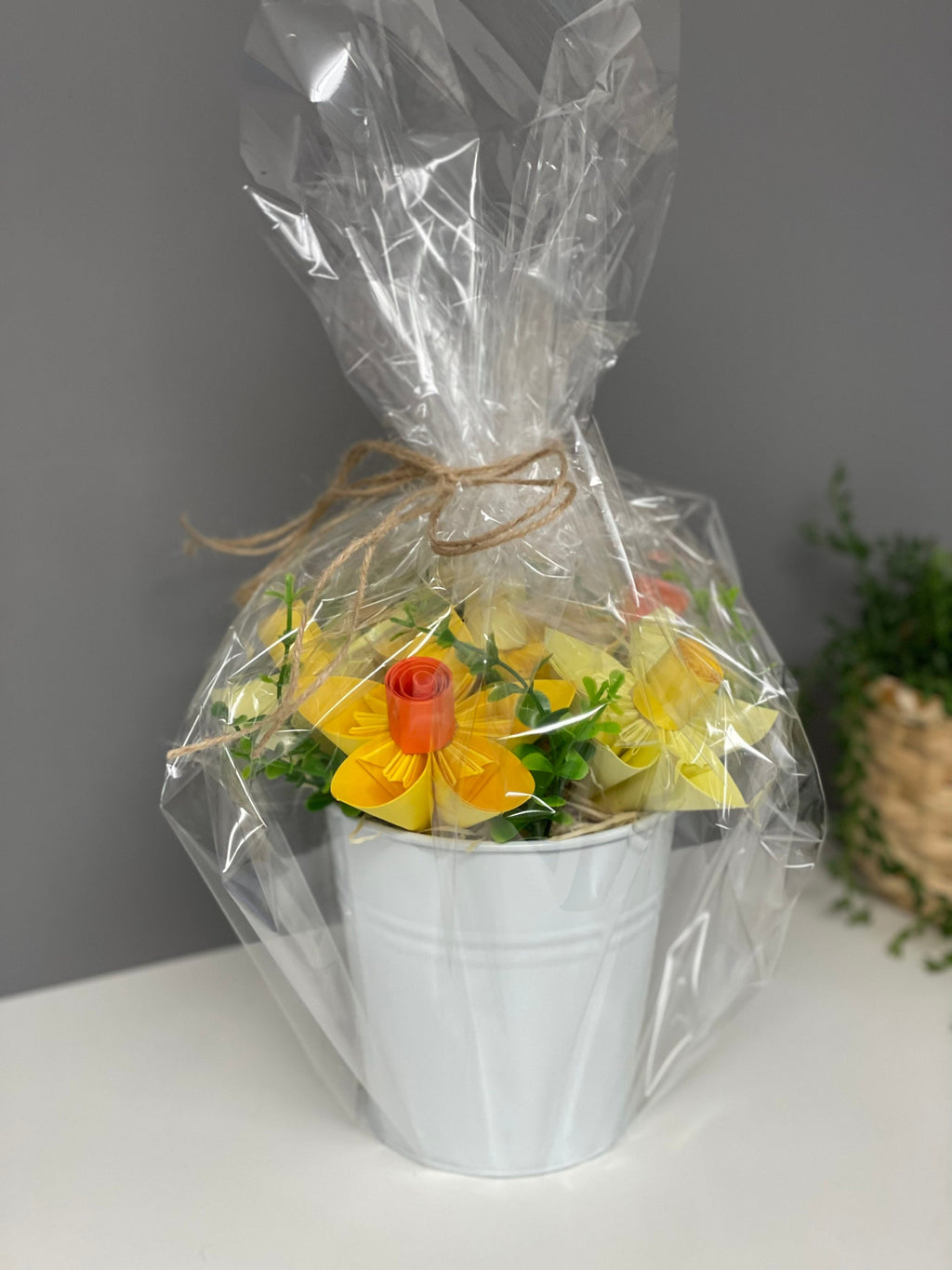 Paper Daffodils in white metal bucket, Floral table decor, everlasting flowers, Easter, Spring decor.
