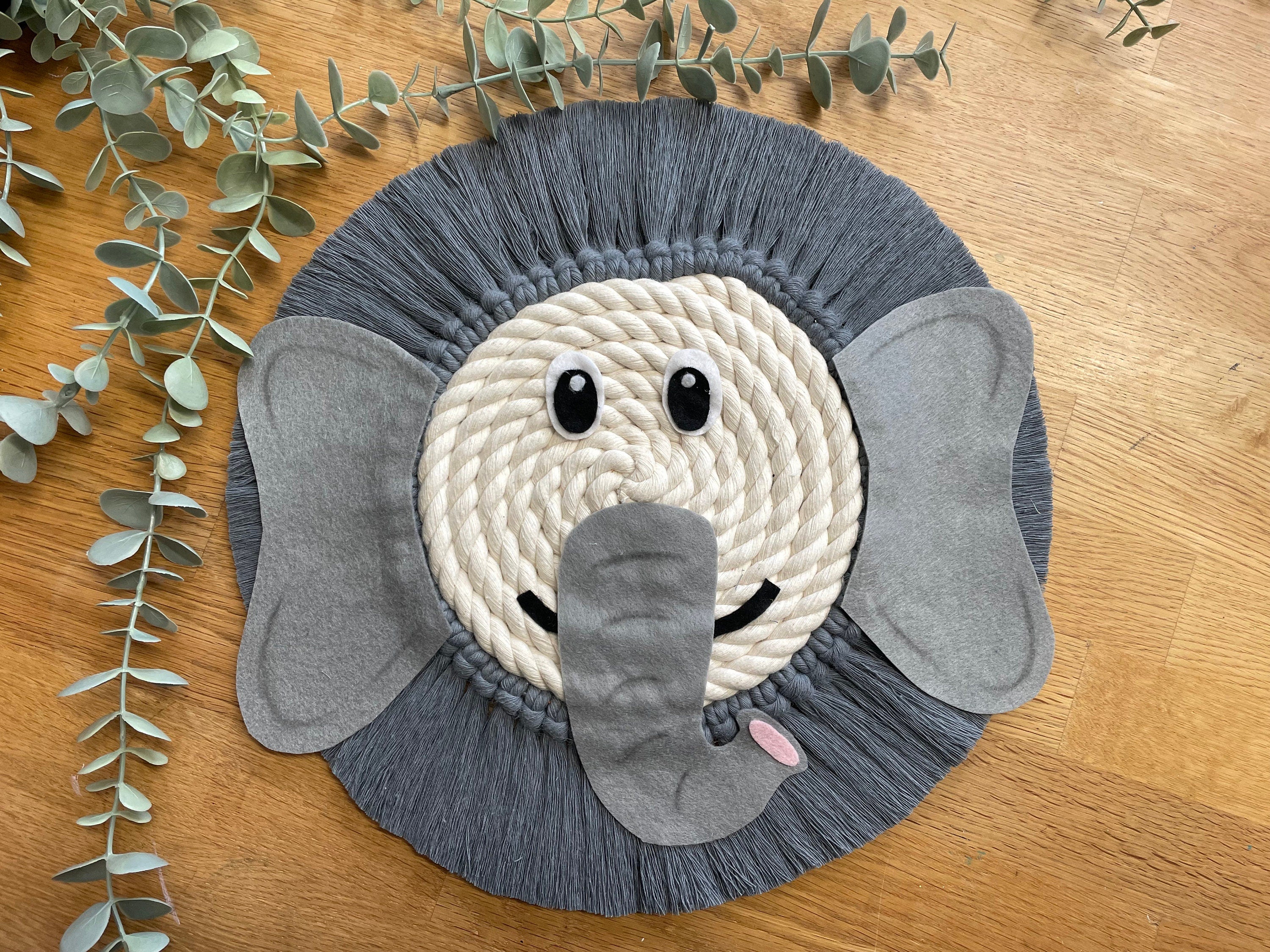 Elephant macrame rope face, jungle theme decor, nursery decor, childrens bedroom, playroom, wall hanging
