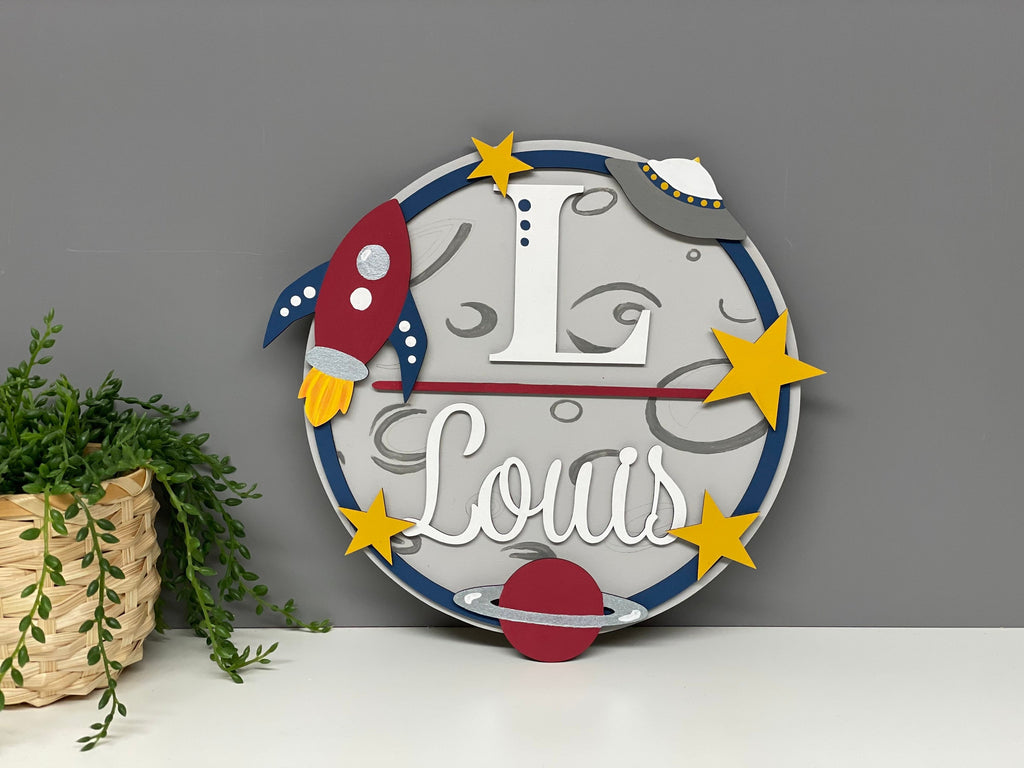 Space themed name plaque - wooden rocket sign - personalised name sign