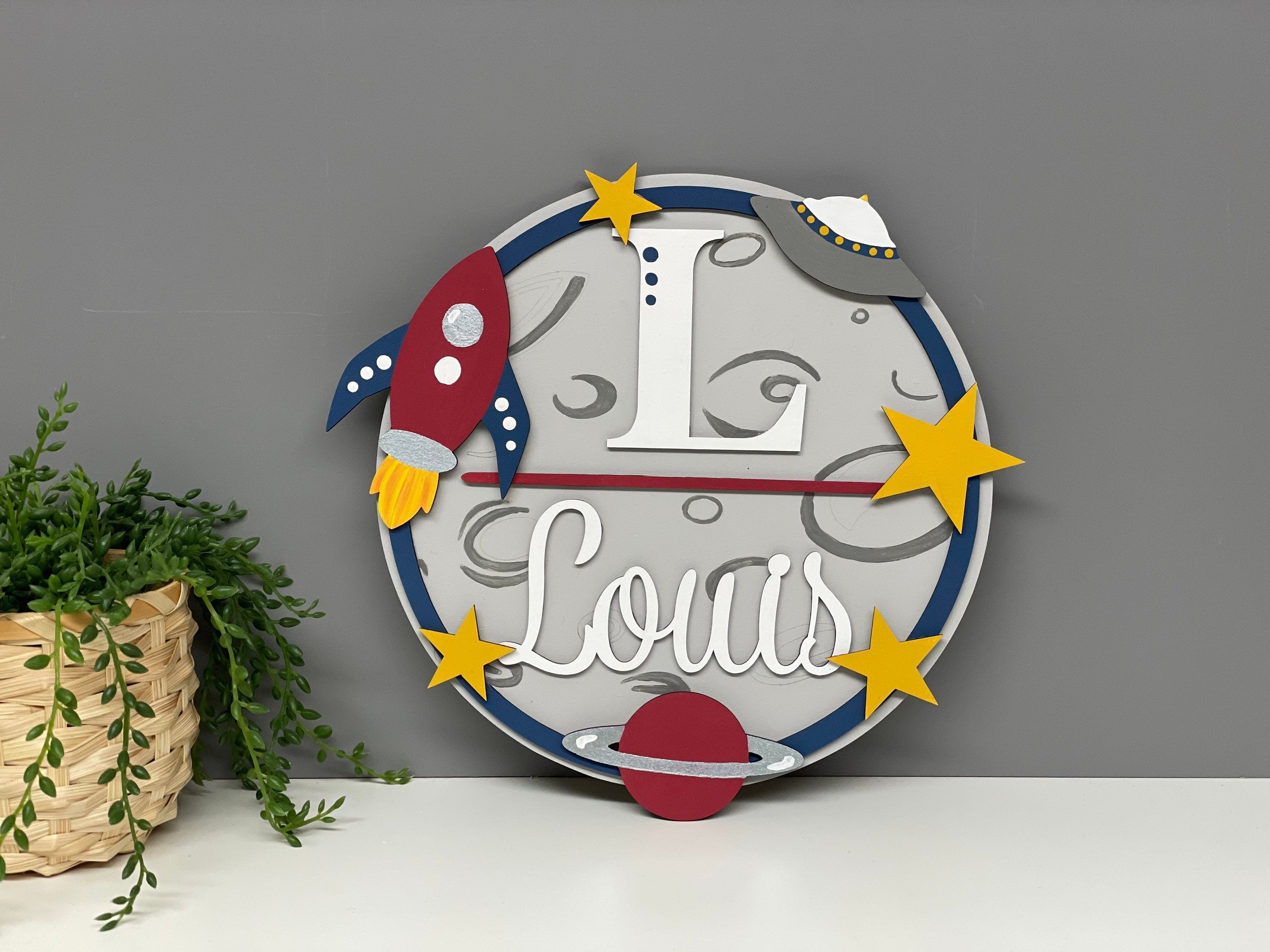 Space themed name plaque - wooden rocket sign - personalised name sign