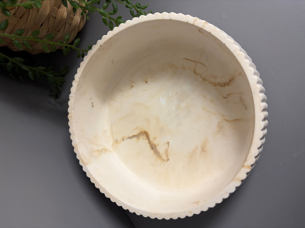 Round decorative Jesmonite bowl, neutral home decor, ridged bowl