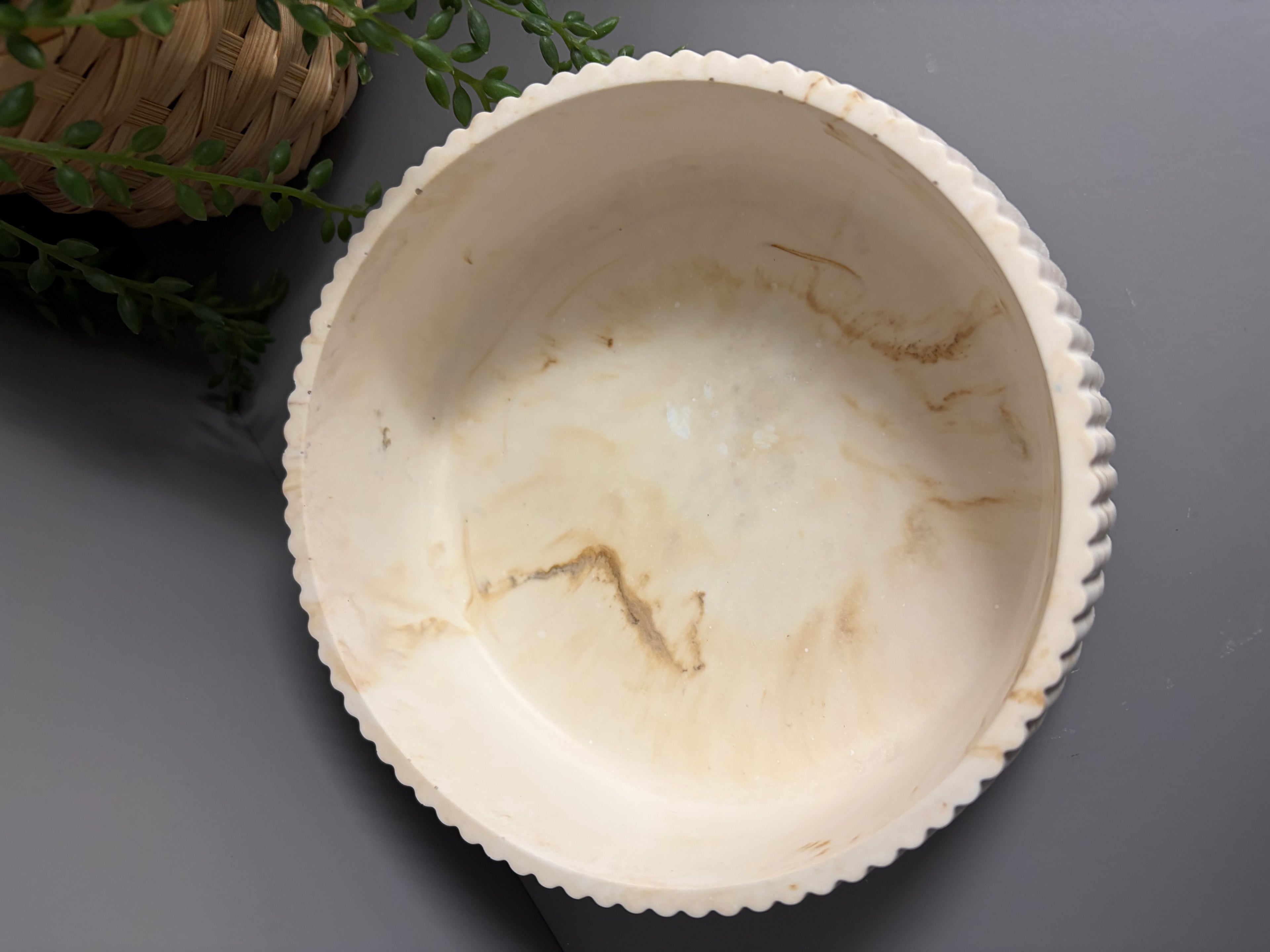 Round decorative Jesmonite bowl, neutral home decor, ridged bowl