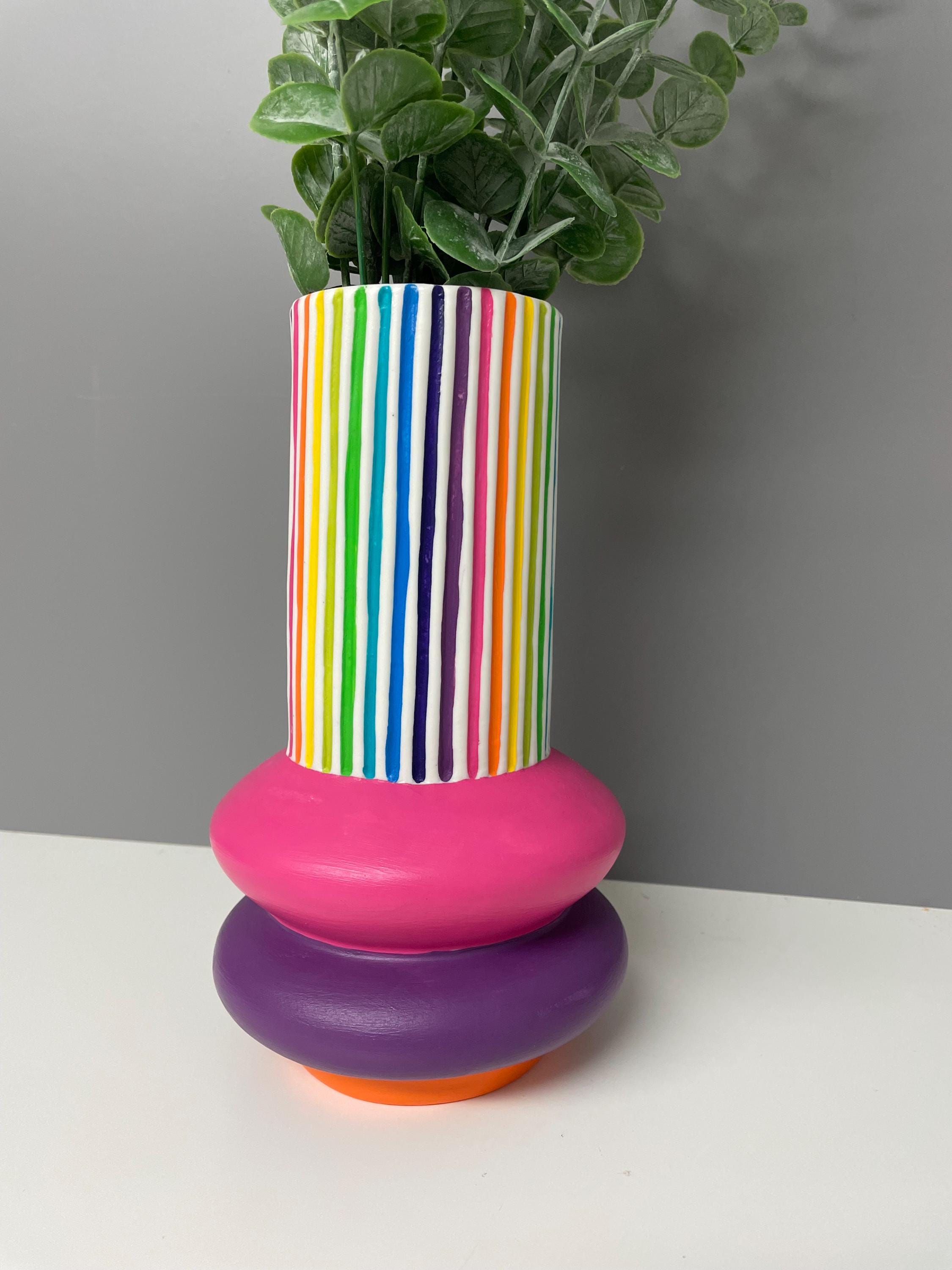 Handpainted Ceramic Vase: Rainbow Stripe Flower Vase