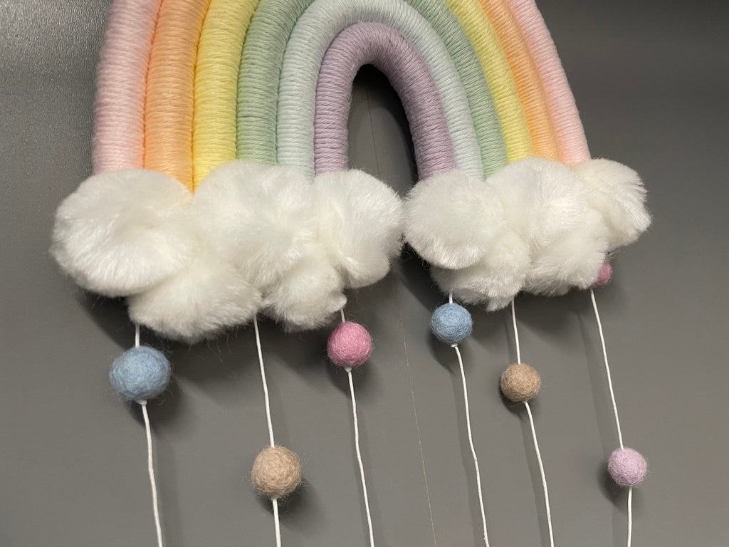 Macrame Rainbow - rainbow wall hanging - Pom Poms - clouds - nursery decor