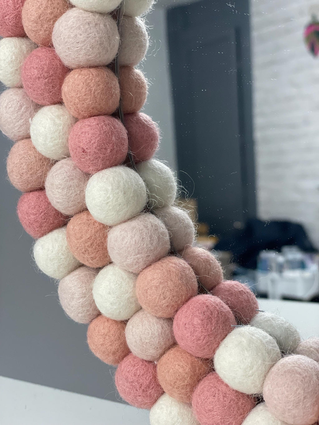 Wool Felt Pom Pom Mirror, Pink & Cream Nursery Decor, circular wall mirror