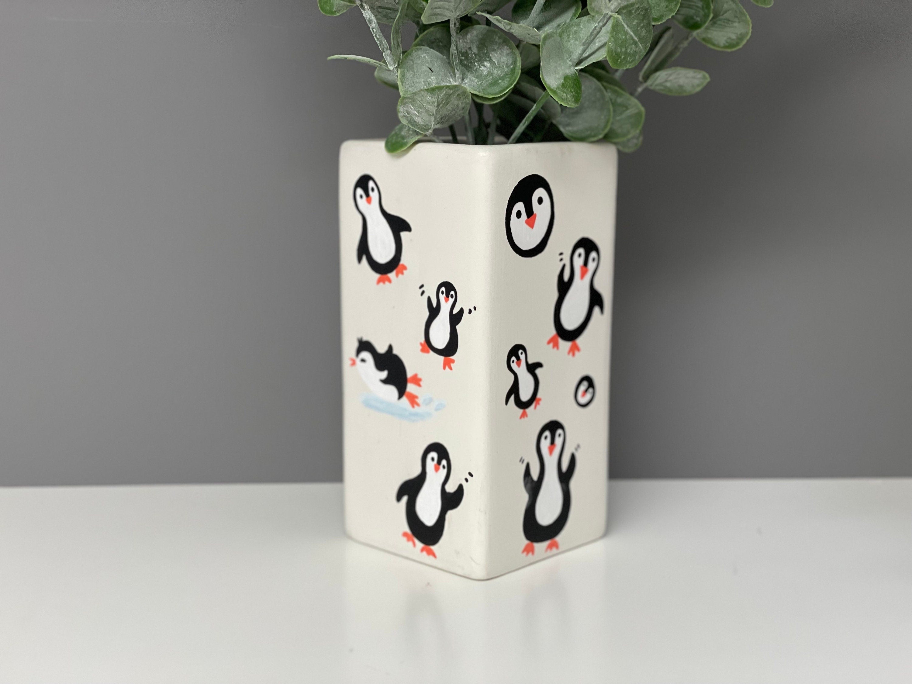Hand painted penguin theme ceramic vase