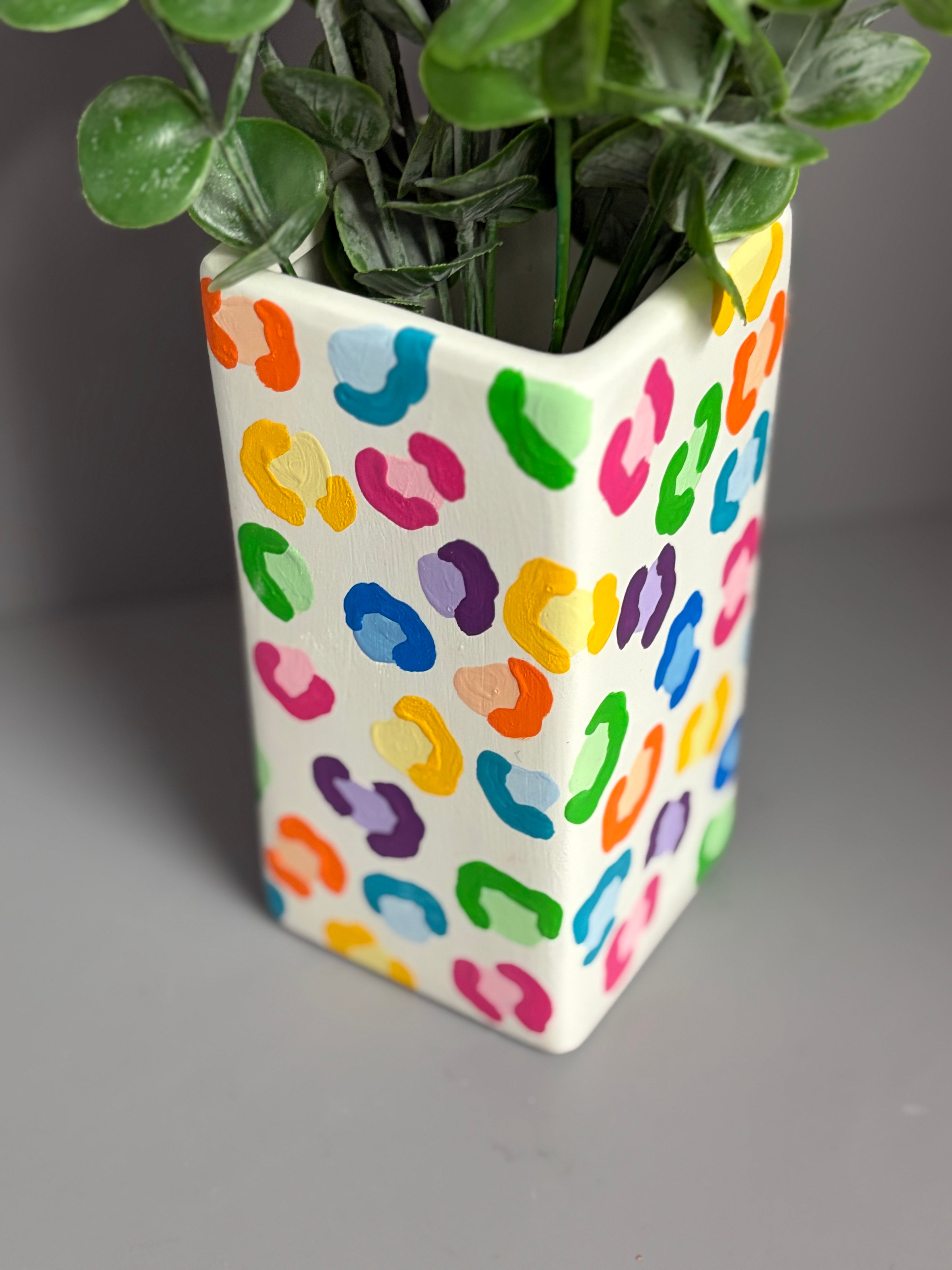 Hand painted vibrant leopard print ceramic vase