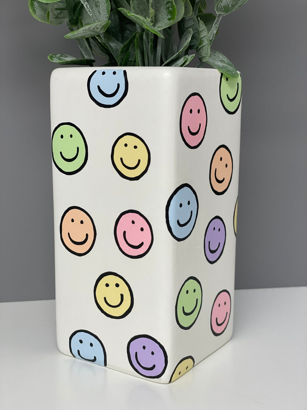 Smiley Face hand painted pastel coloured ceramic vase
