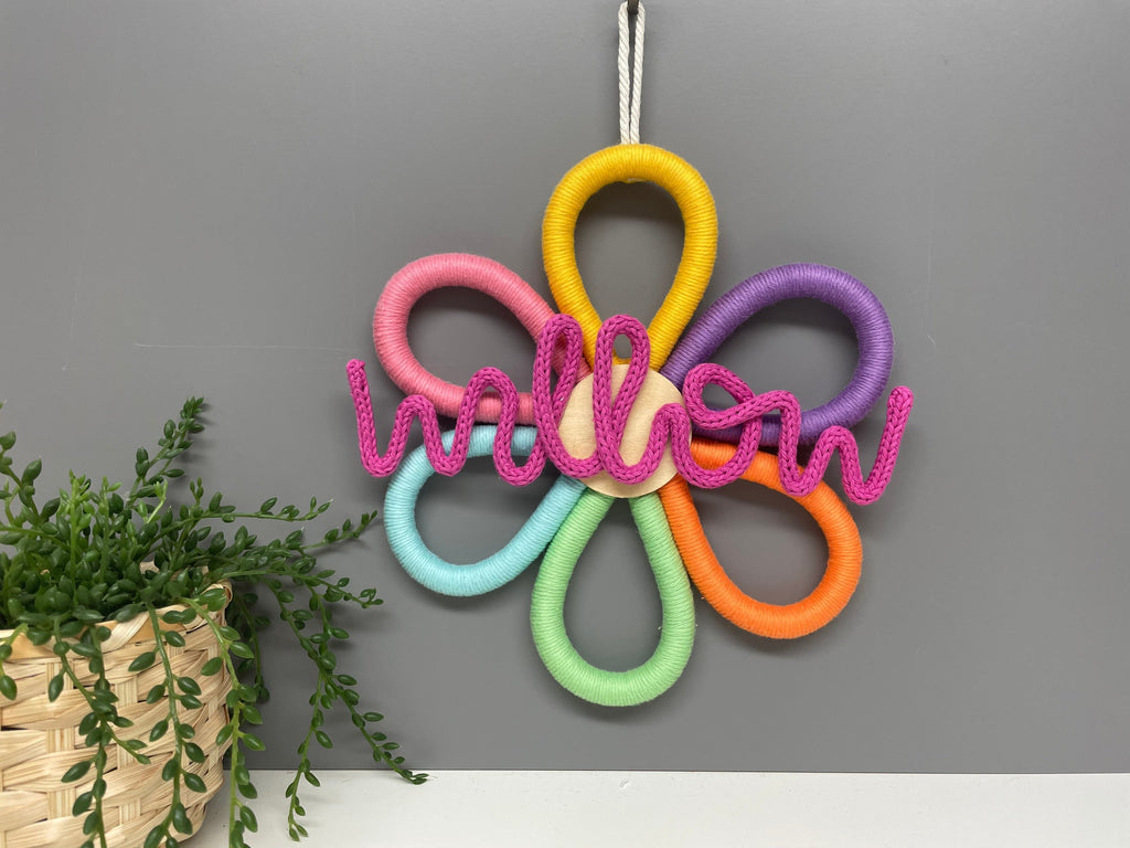Personalised Macrame Flower Name Sign with knitted wire name - Nursery Wall Decor