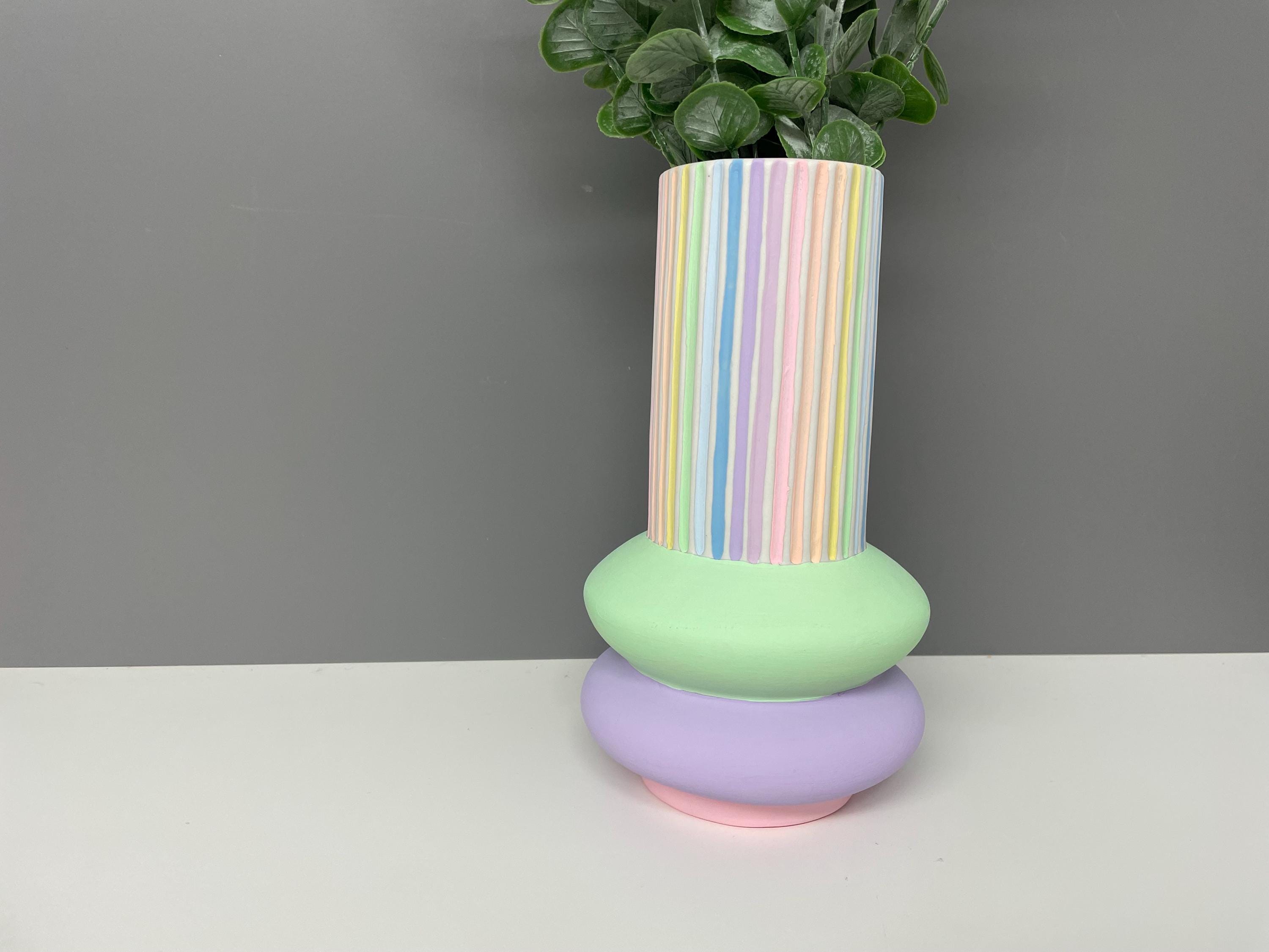 Handpainted Ceramic Vase: Pastel Rainbow Stripe Flower Vase