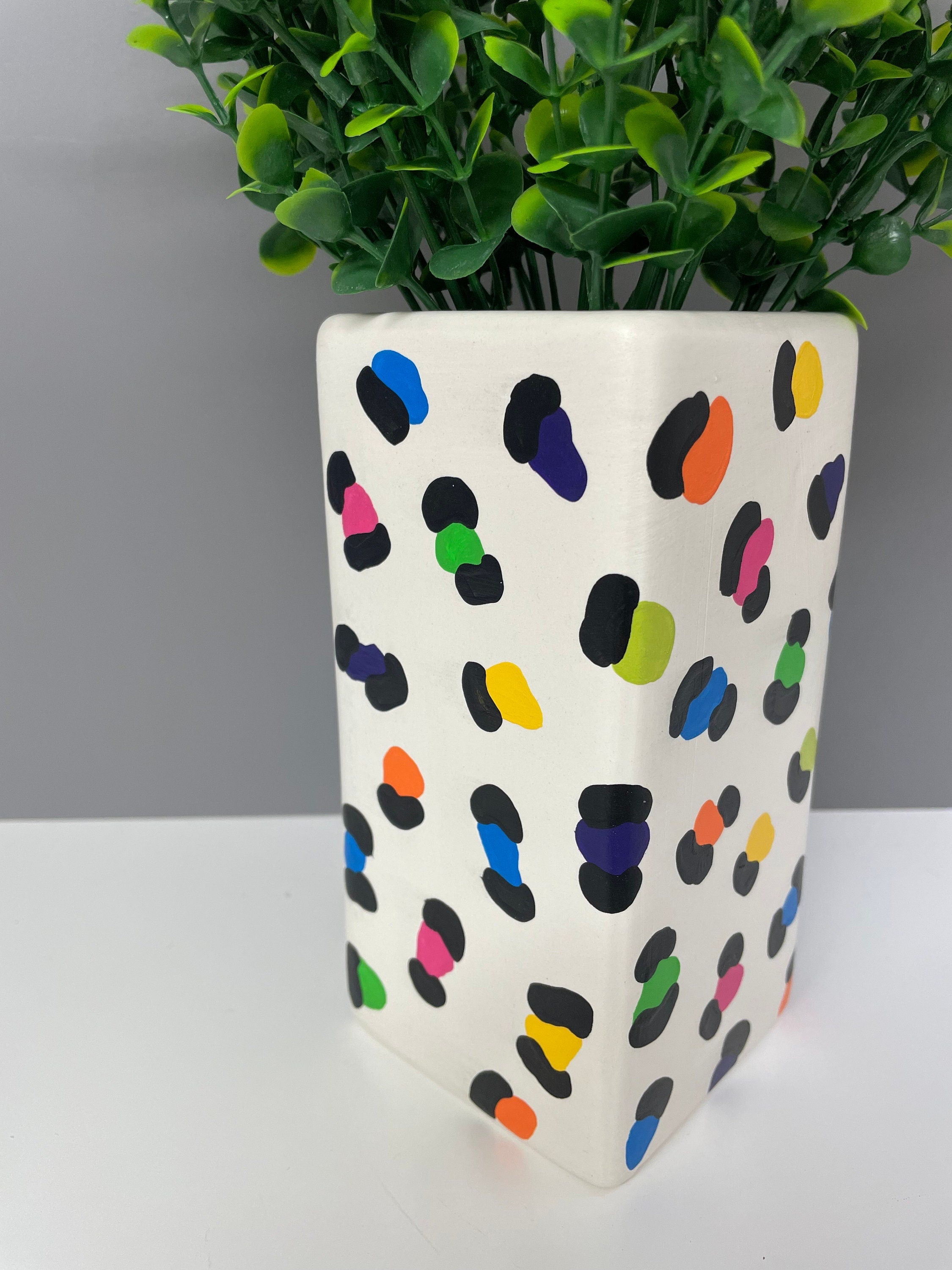 Hand painted rainbow leopard print ceramic vase