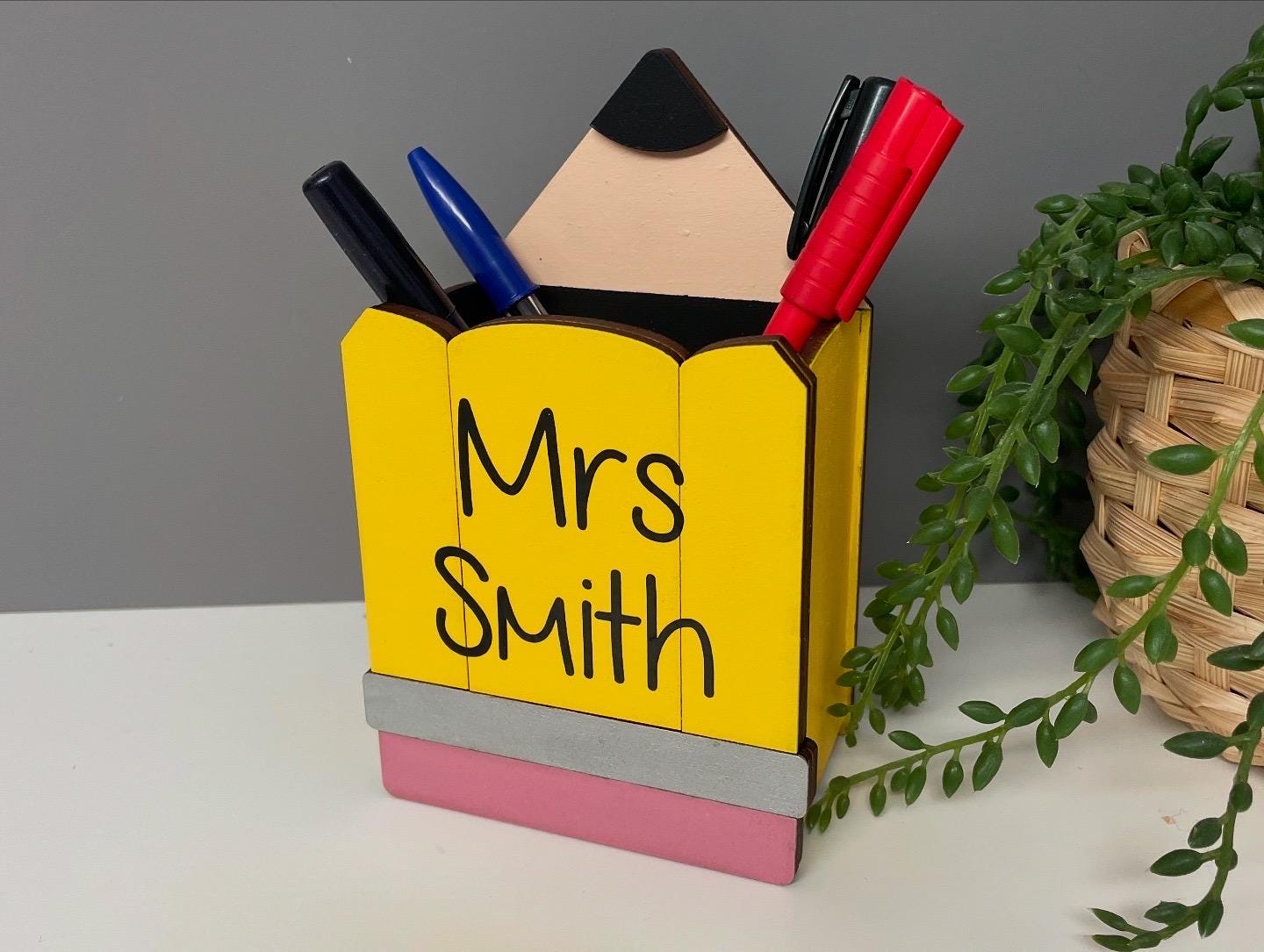 Personalized Teacher Pen Pot, Wooden Pencil Desk Organizer