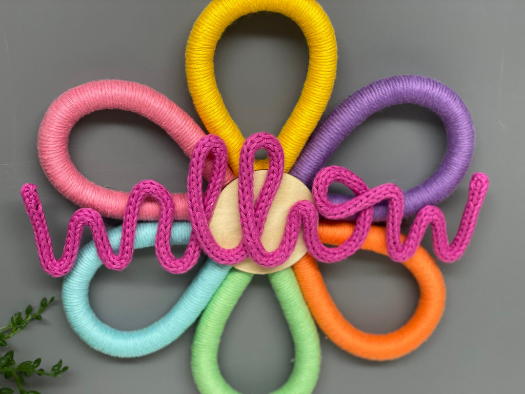 Personalised Macrame Flower Name Sign with knitted wire name - Nursery Wall Decor