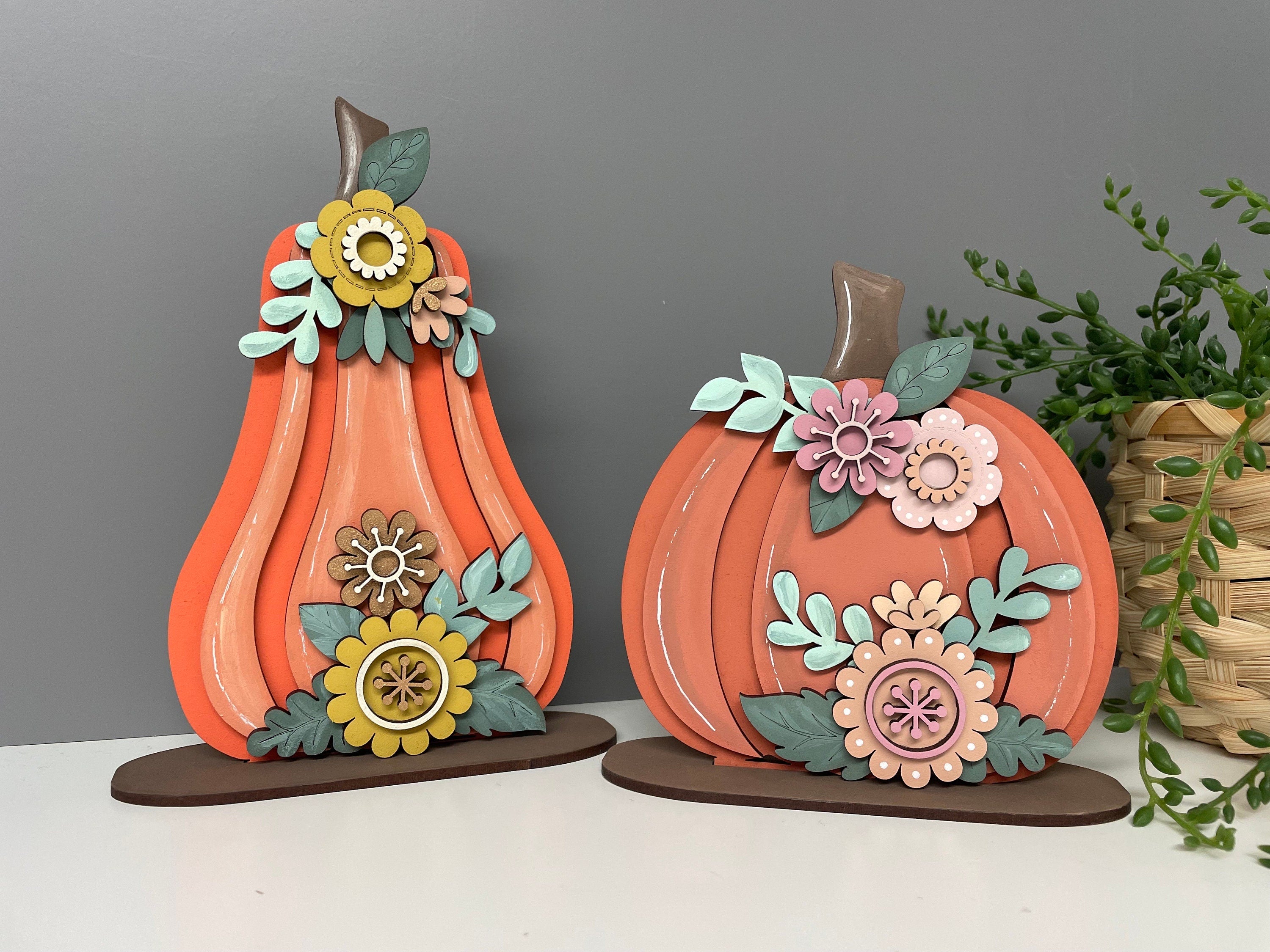 Wooden pumpkins, freestanding pumpkin, autumn decor, floral pumpkins.