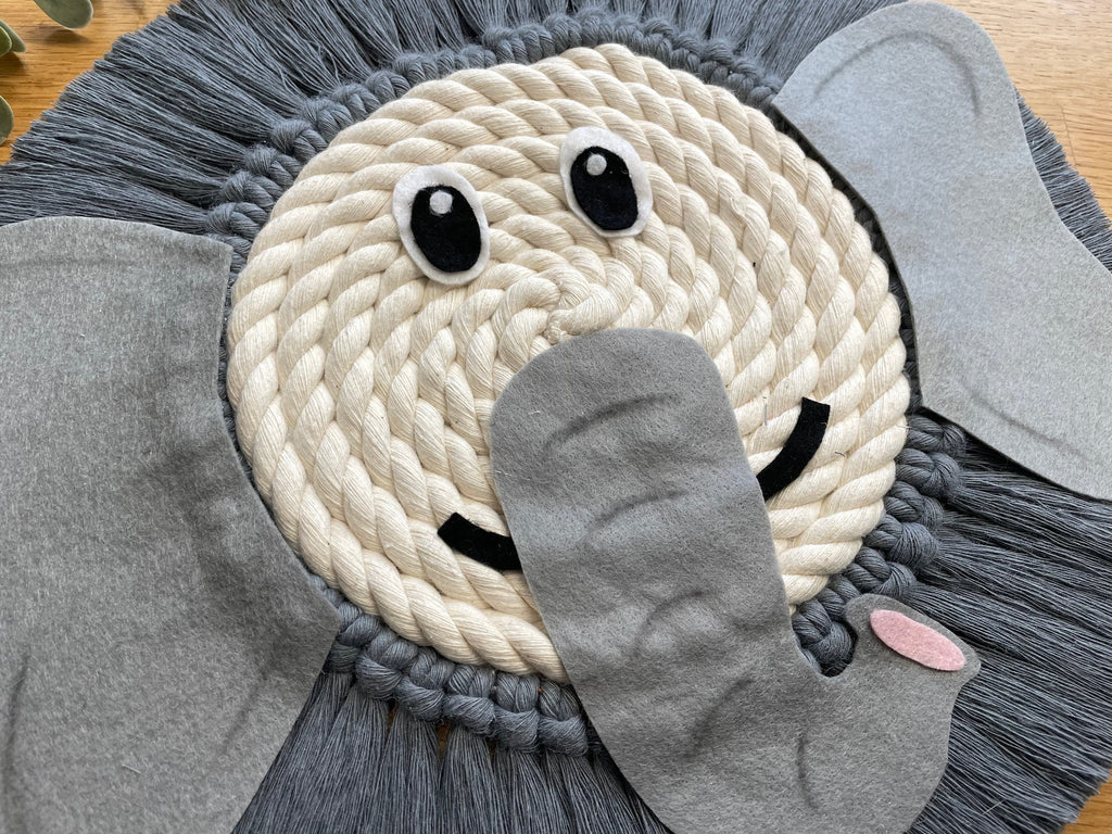 Elephant macrame rope face, jungle theme decor, nursery decor, childrens bedroom, playroom, wall hanging