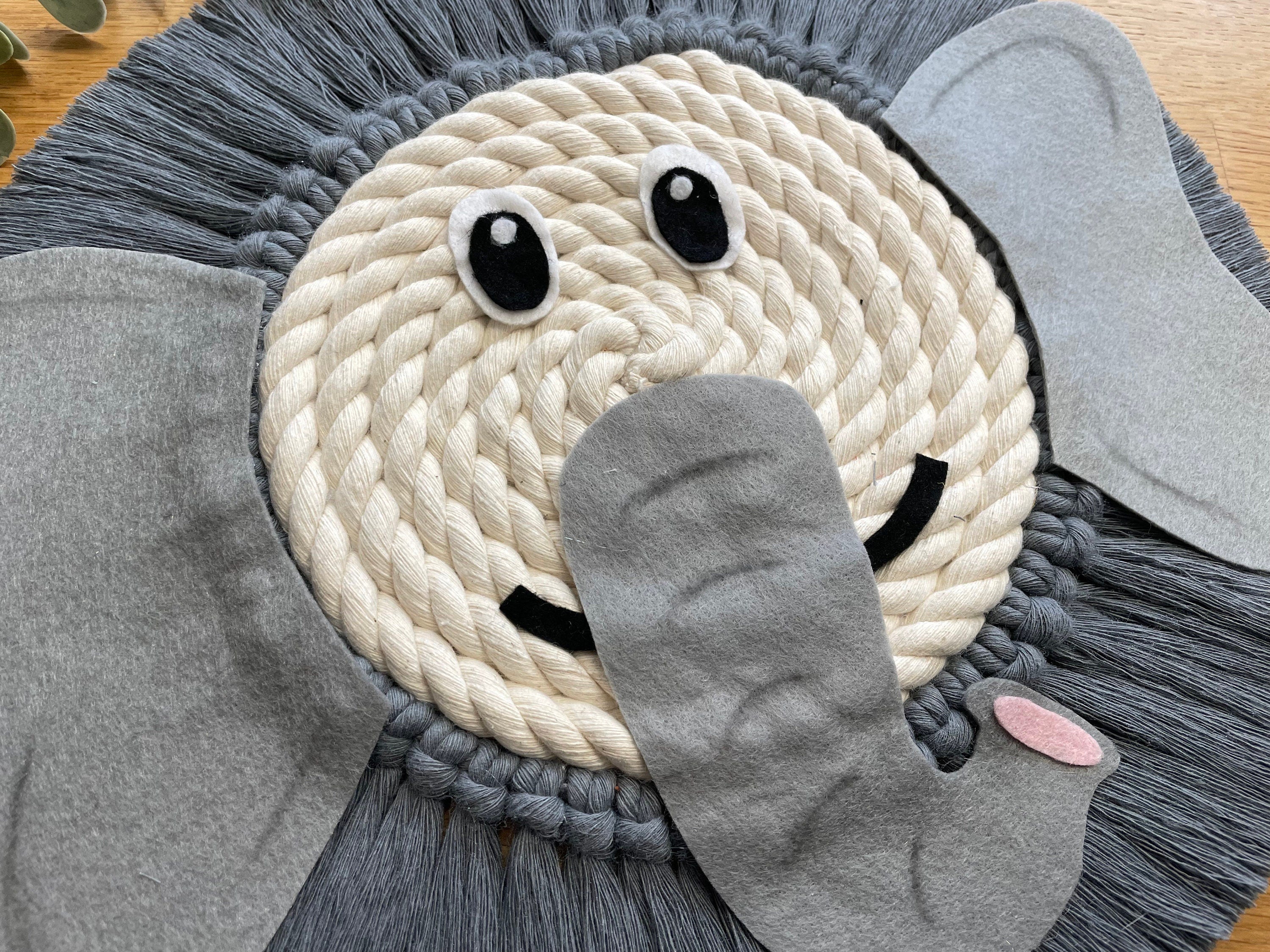 Elephant macrame rope face, jungle theme decor, nursery decor, childrens bedroom, playroom, wall hanging