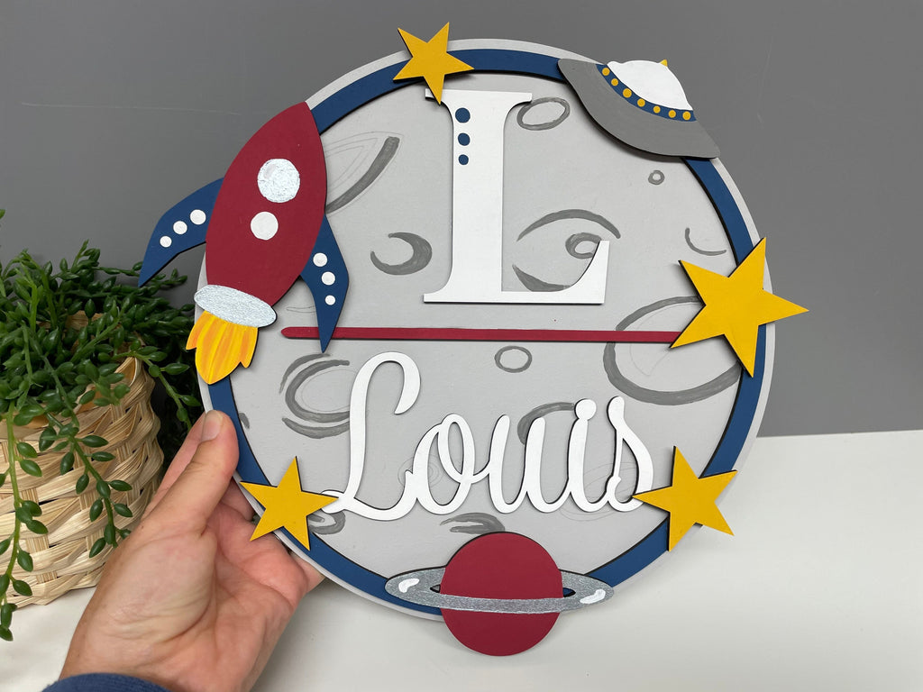 Space themed name plaque - wooden rocket sign - personalised name sign