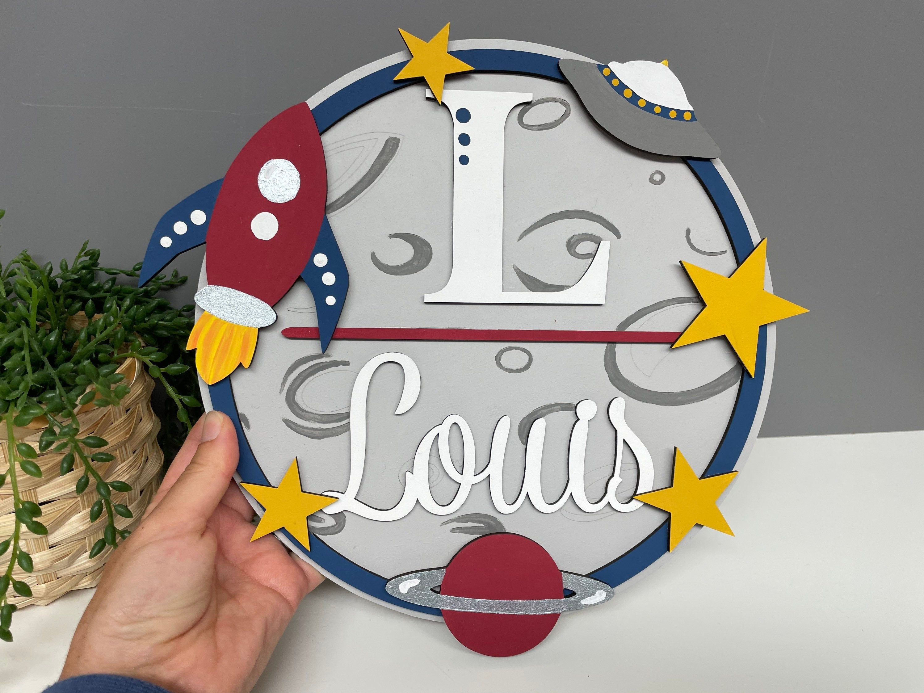 Space themed name plaque - wooden rocket sign - personalised name sign