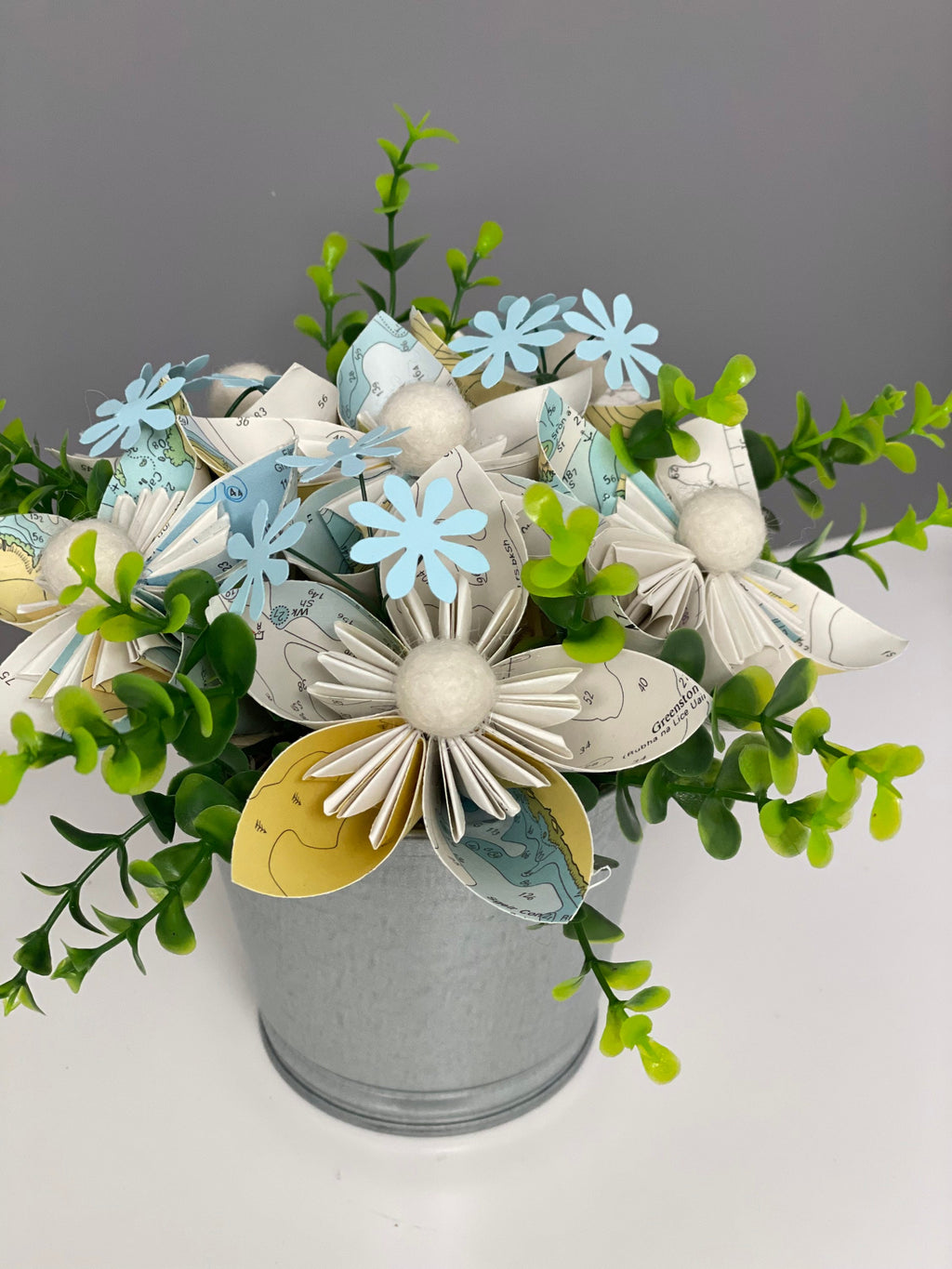 Paper flower pot, Mother’s Day, Sea Charts, Pom Poms, Wedding Flowers, valentines.