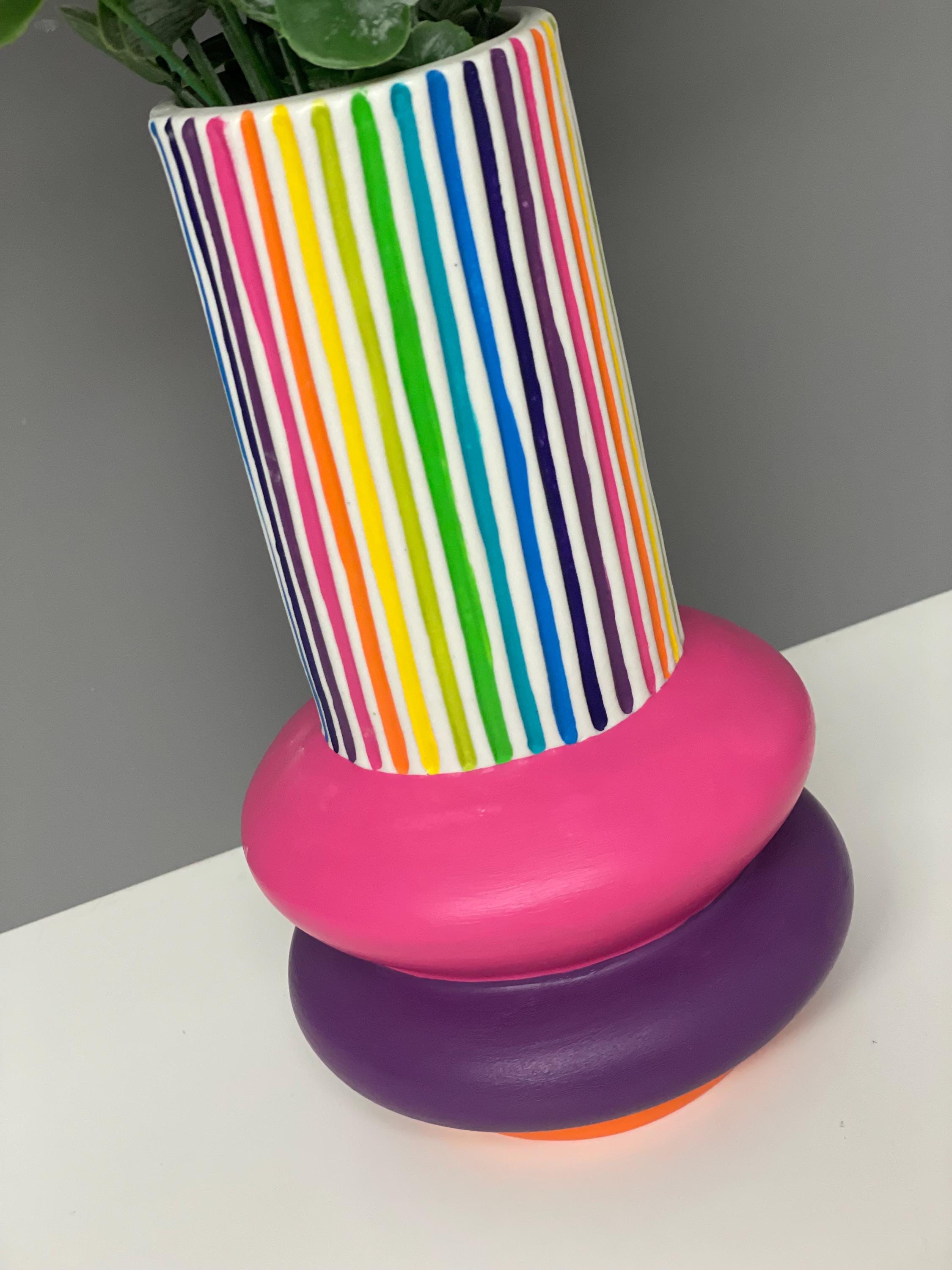 Handpainted Ceramic Vase: Rainbow Stripe Flower Vase