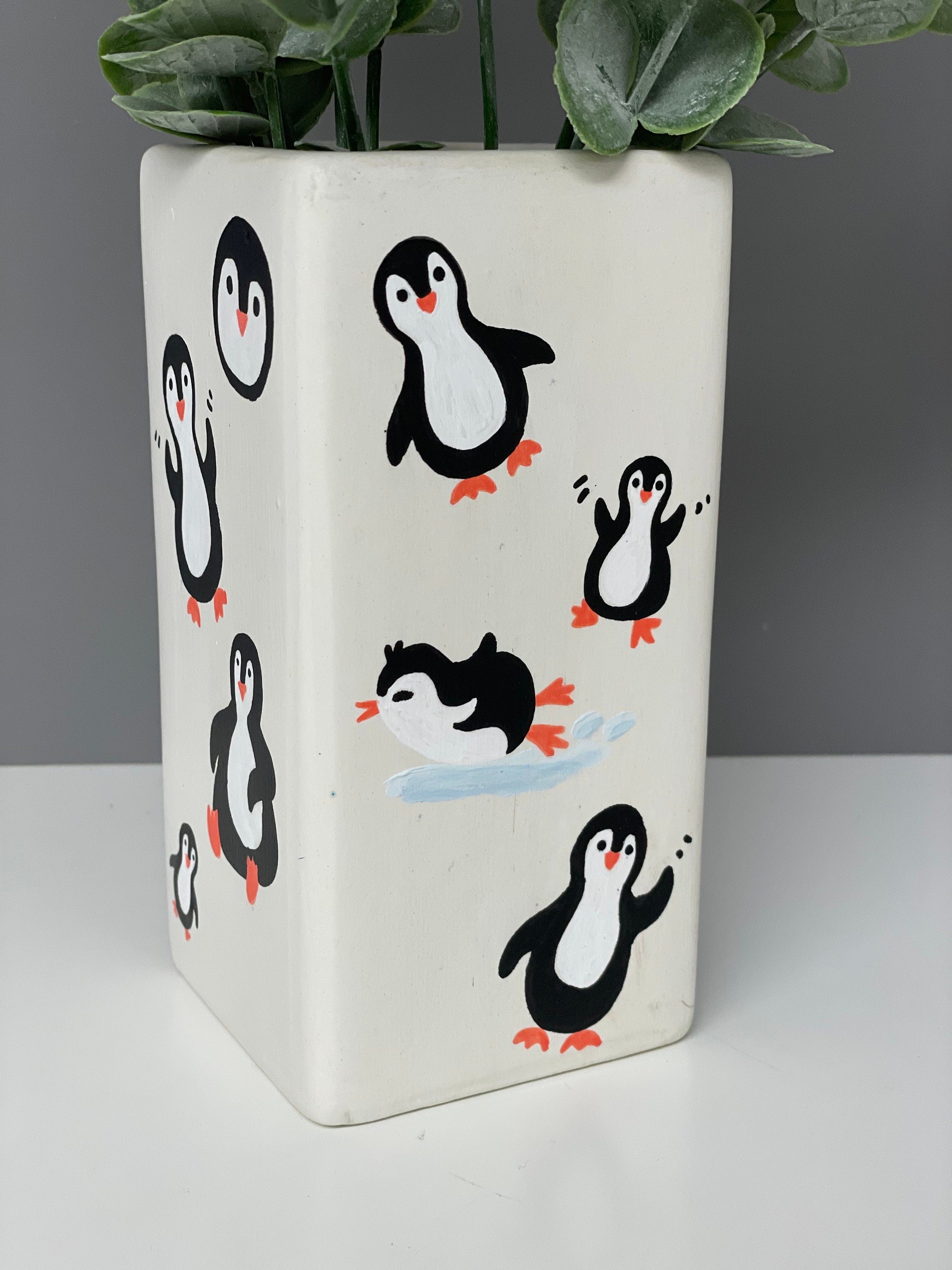 Hand painted penguin theme ceramic vase