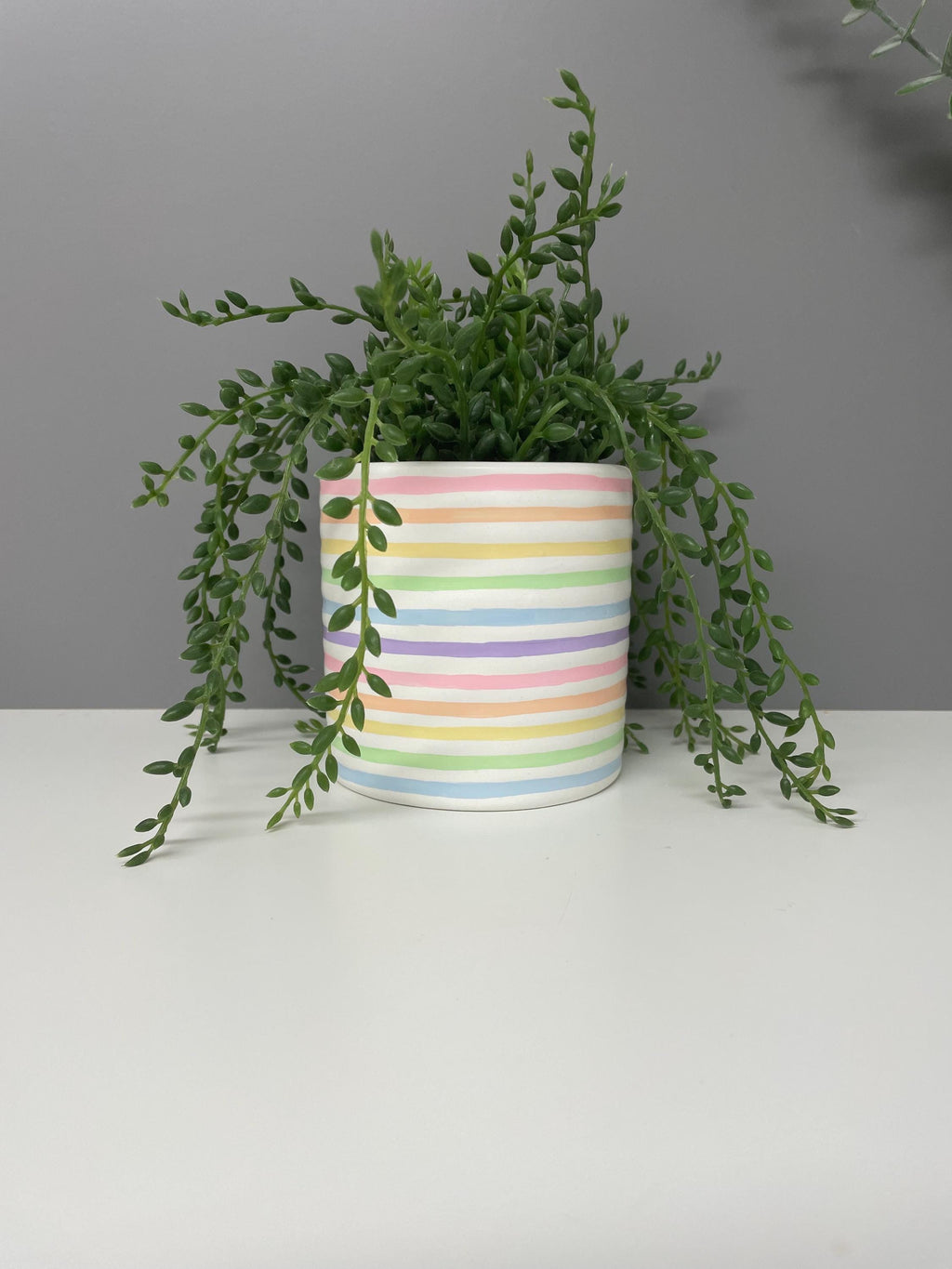 Hand Painted Ceramic Plant Pot, Pastel Rainbow Stripe Design.
