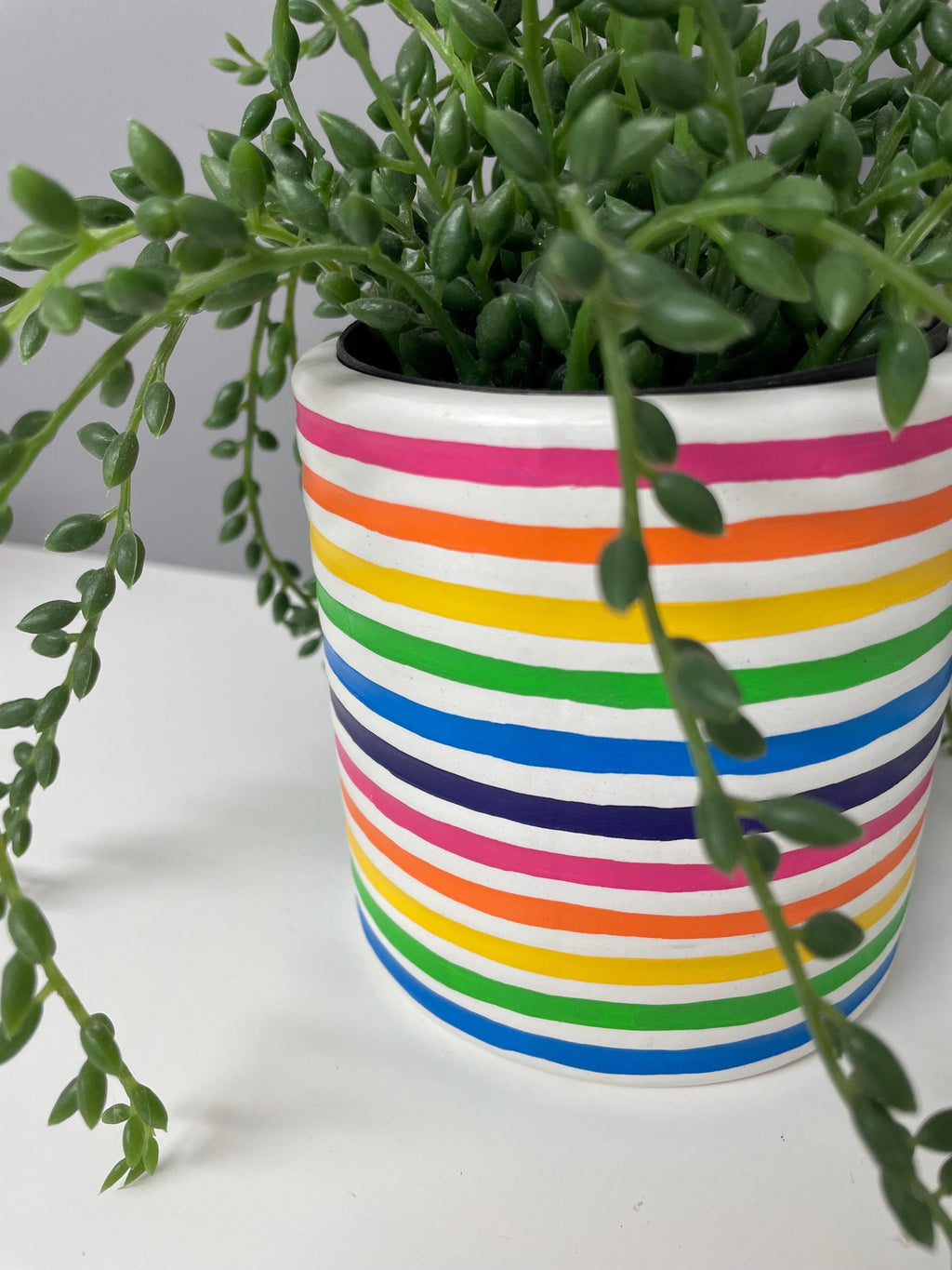 Hand Painted Ceramic Plant Pot, Rainbow Stripe Design. Bright plant pot