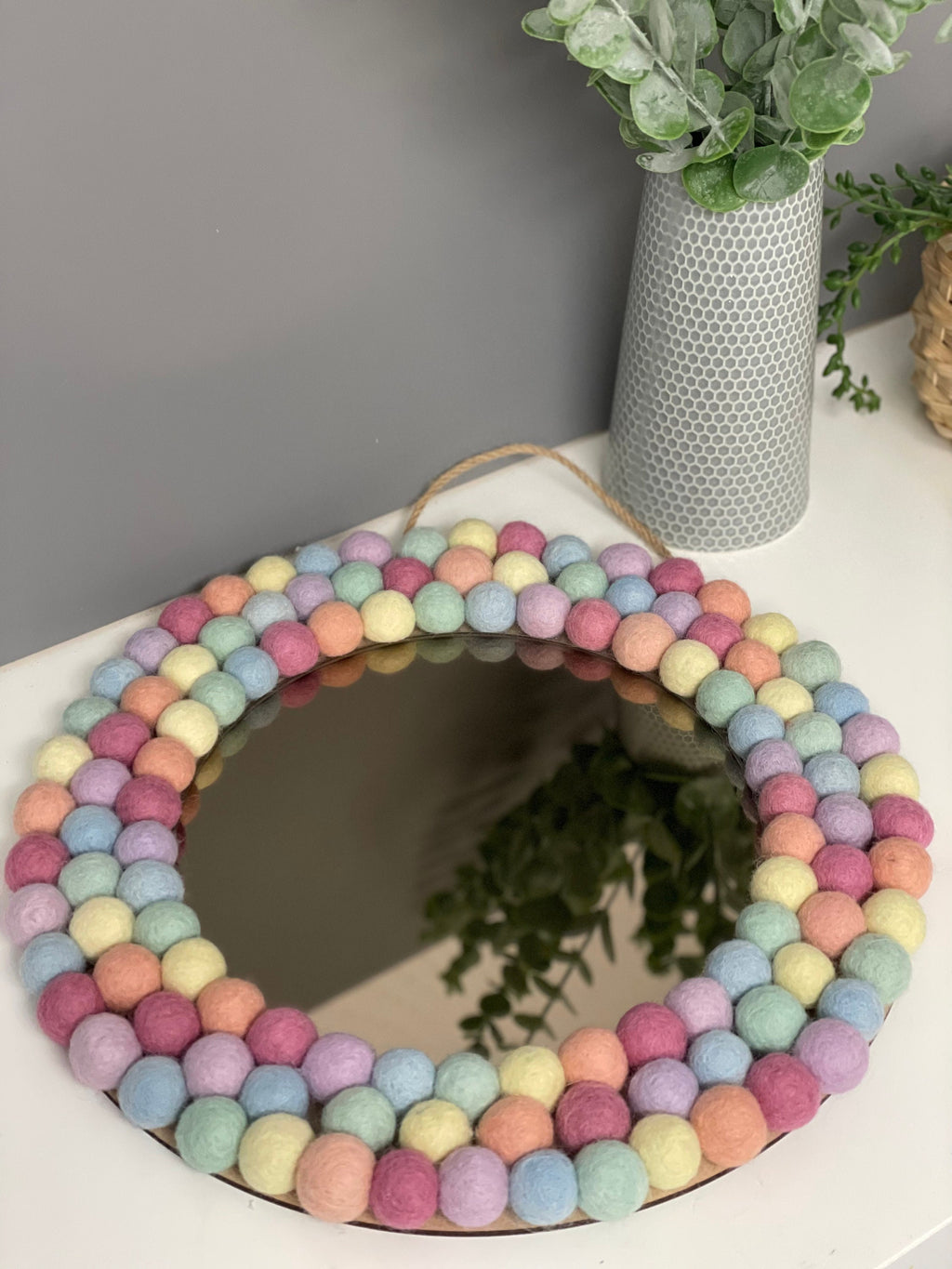Medium Circular Hanging Pom pom mirror, pastel rainbow Pom Poms, playroom, nursery decor