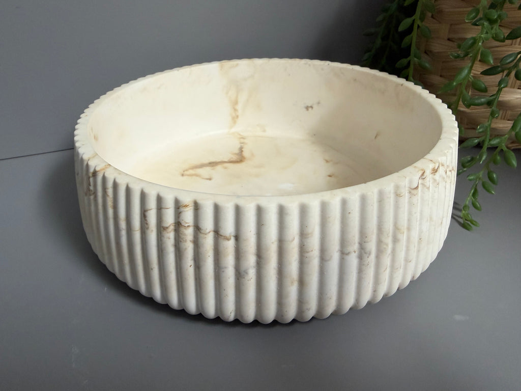Round decorative Jesmonite bowl, neutral home decor, ridged bowl