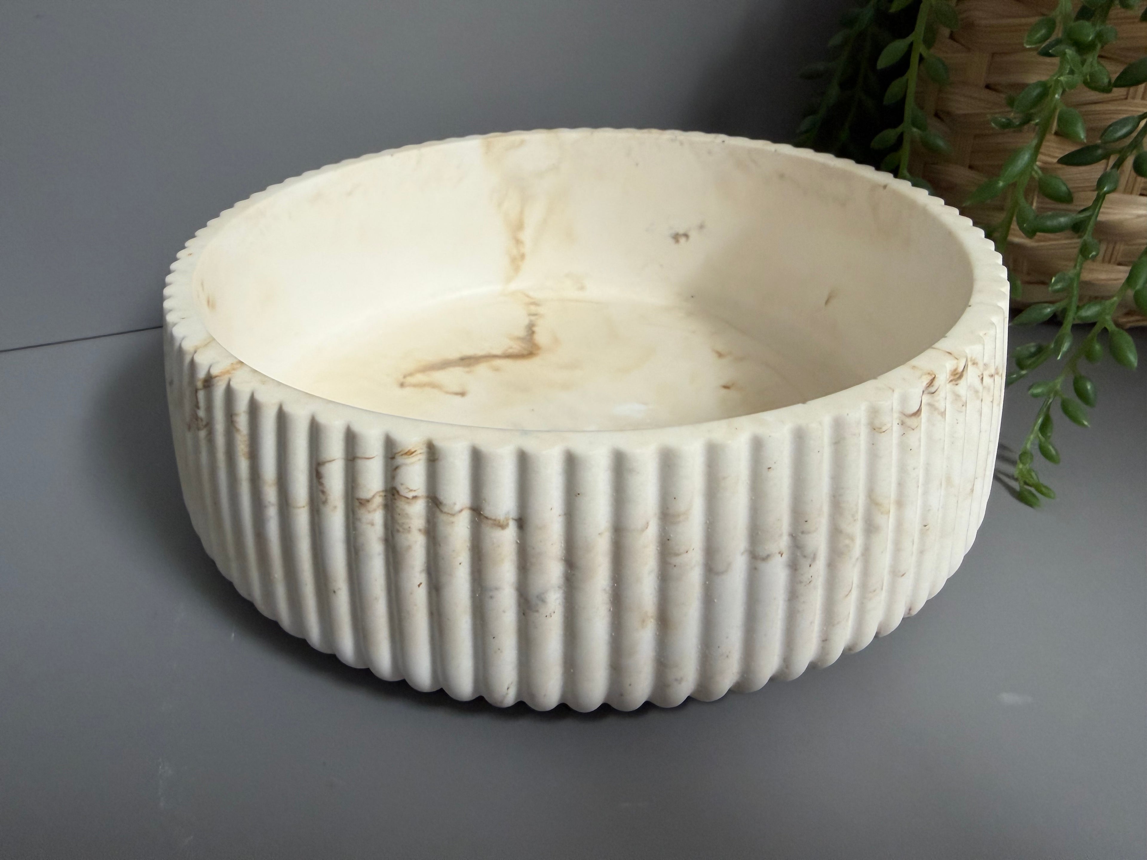 Round decorative Jesmonite bowl, neutral home decor, ridged bowl