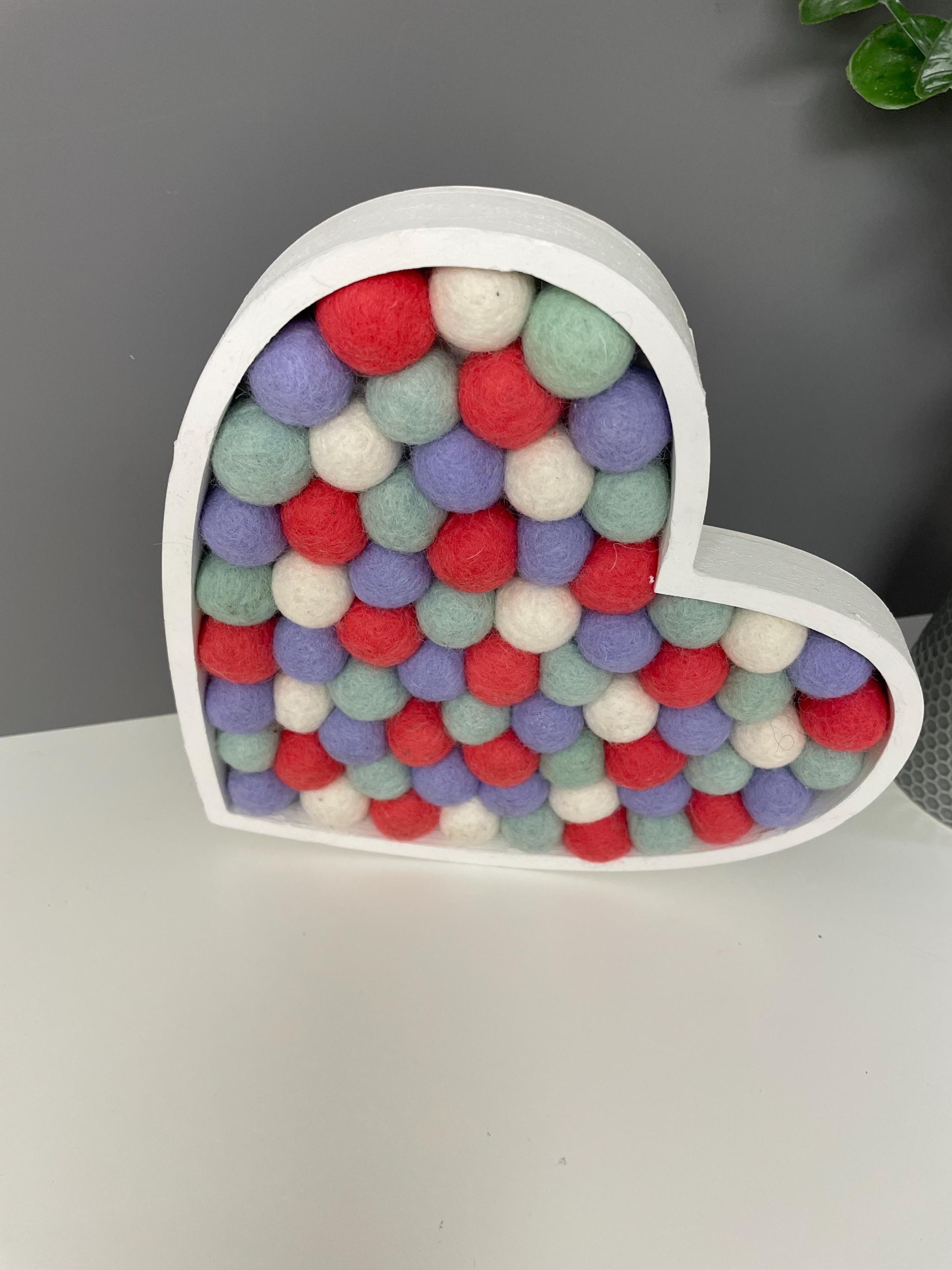 Wool felt Pom Pom heart, fillable heart, wooden heart, nursery decor, Pom Pom decor, rainbow pom Poms