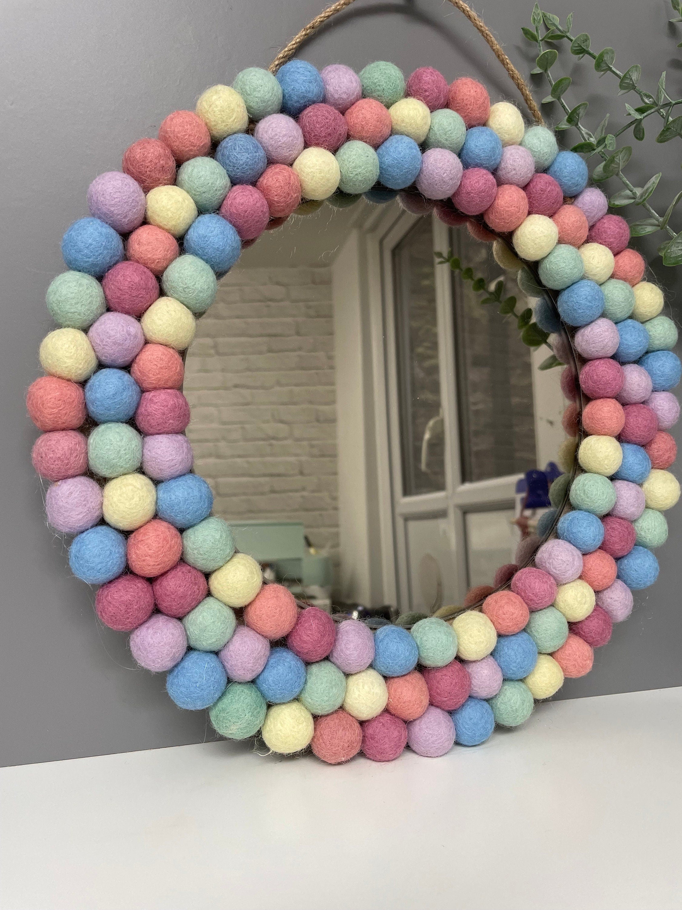 Medium Circular Hanging Pom pom mirror, pastel rainbow Pom Poms, playroom, nursery decor