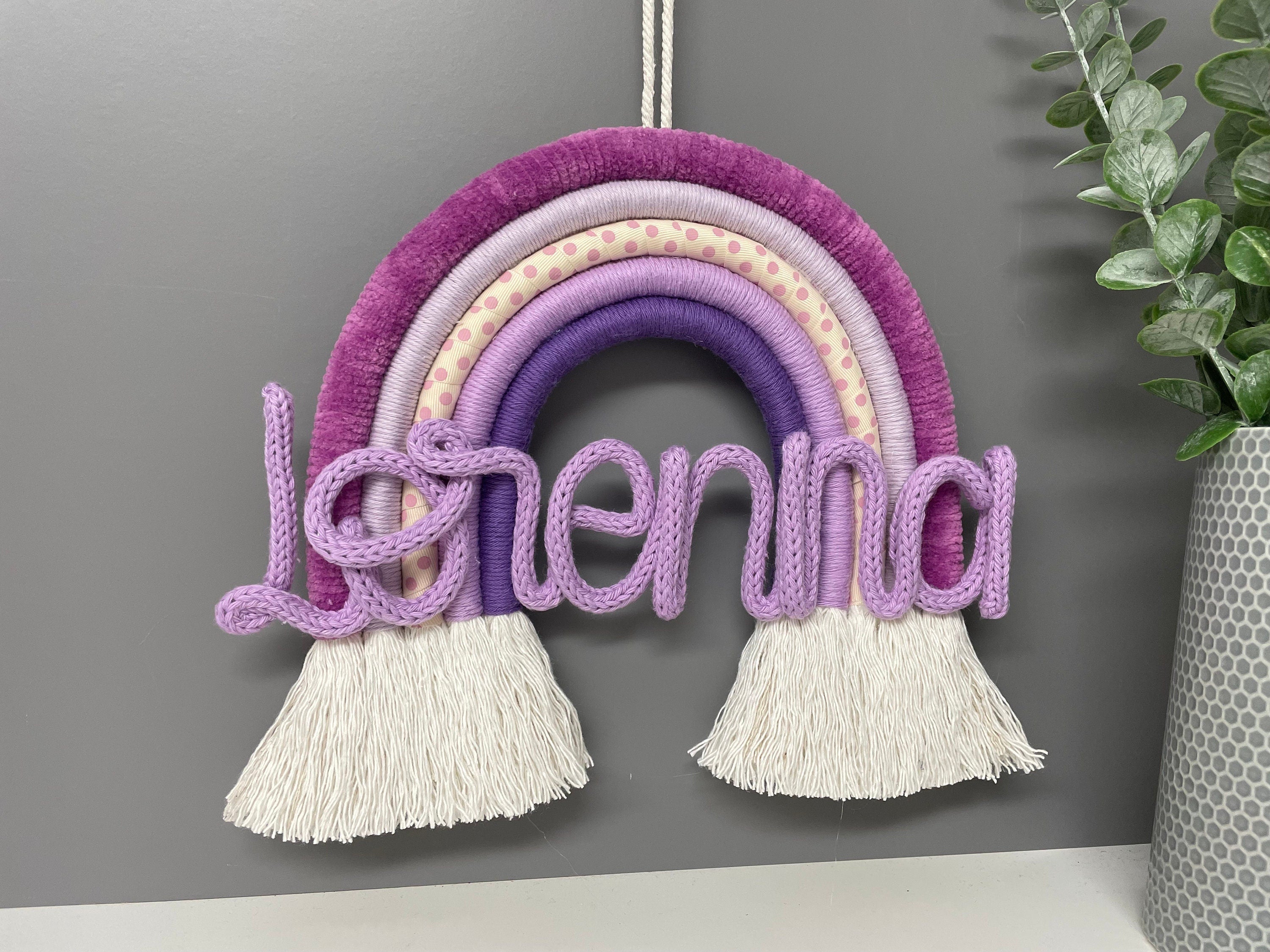 Personalised macrame rainbow with knitted wire name - nursery decor - new baby gift - home decor - rainbow wall hanging - knitted wire words