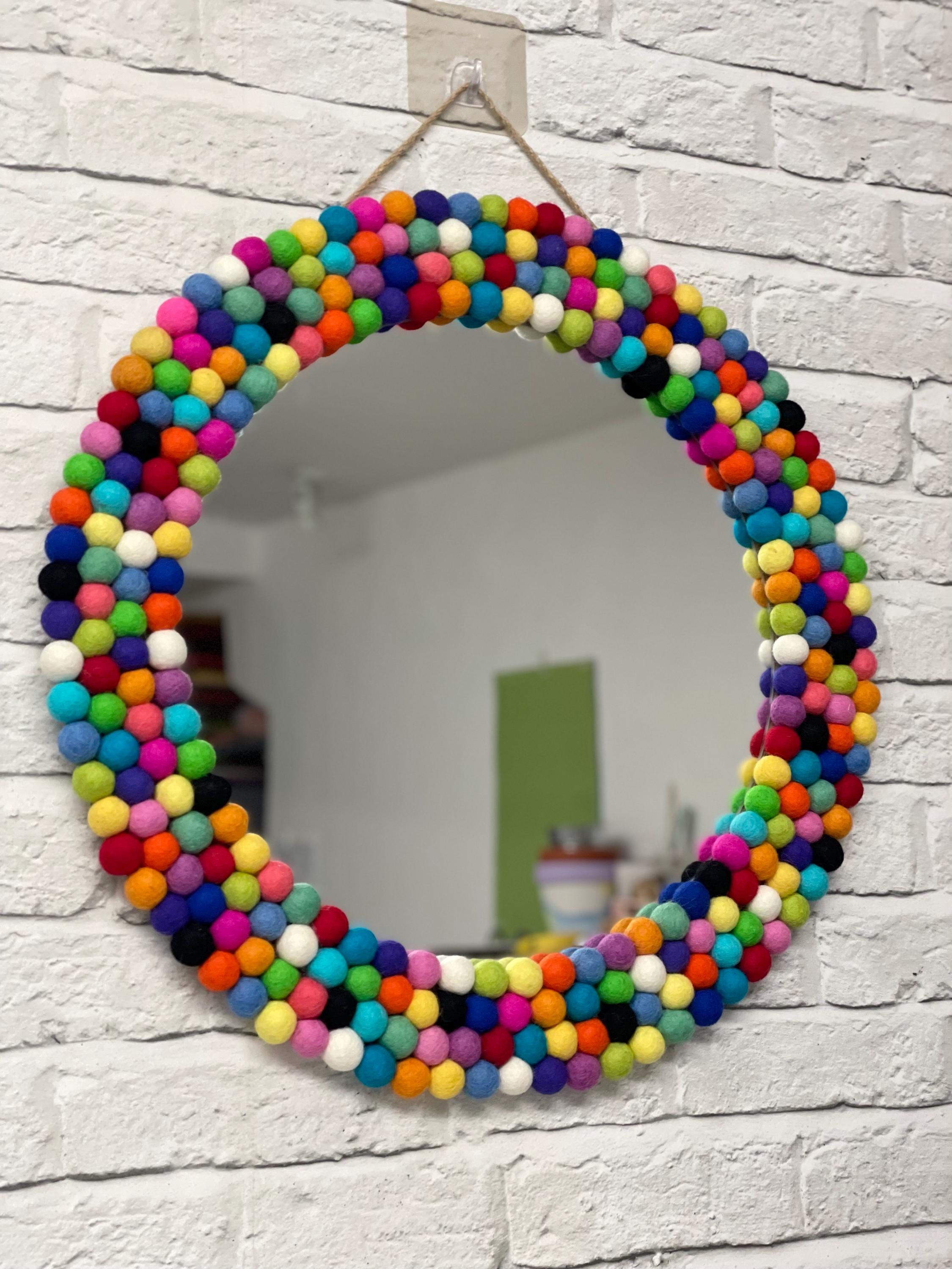 Large Circular Hanging Pom Pom mirror, rainbow pom Poms, playroom decor, nursery.