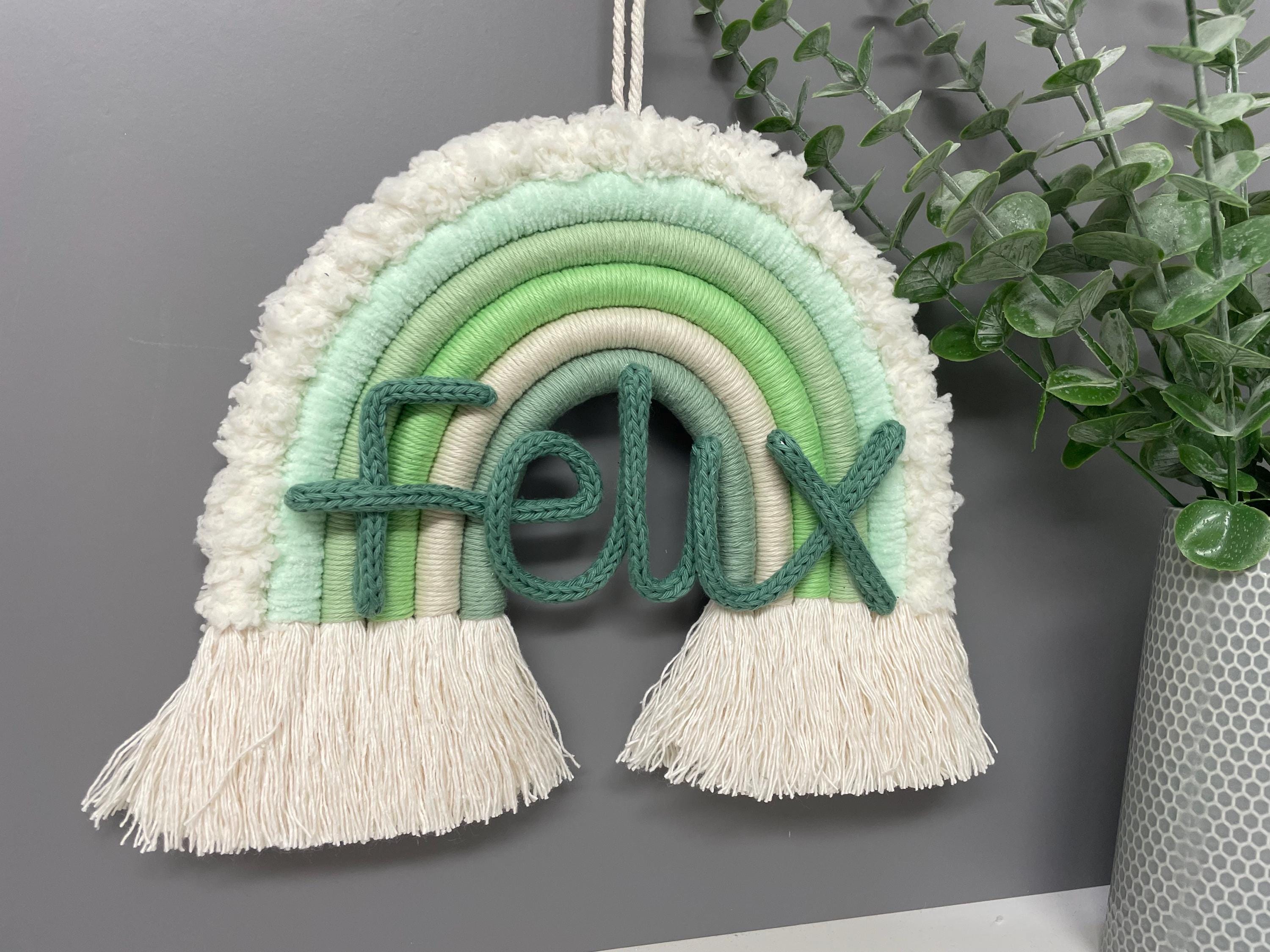 Personalised macrame rainbow with knitted wire name - nursery decor - new baby gift - home decor - rainbow wall hanging - knitted wire words