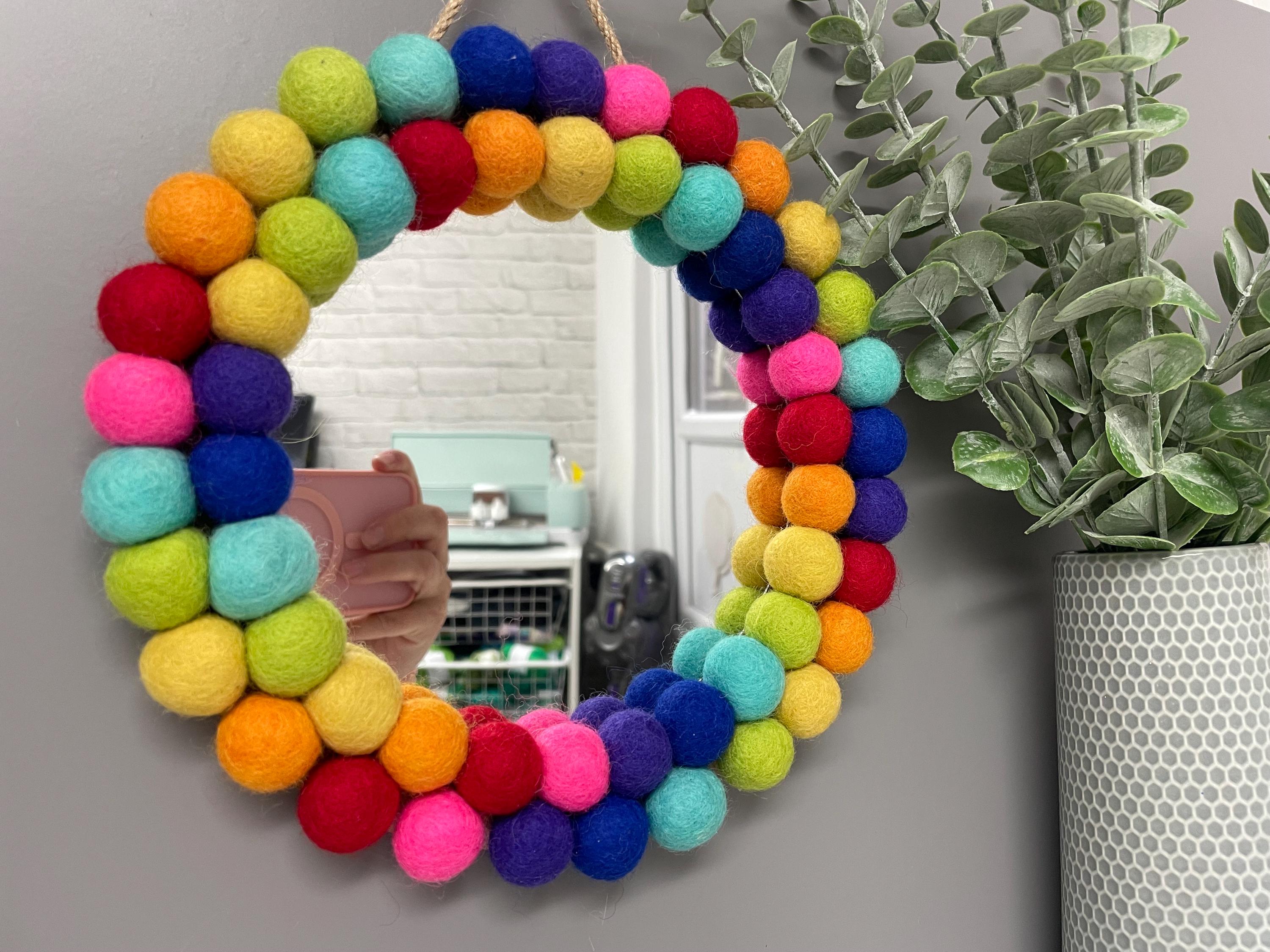 Small Pom Pom mirror, circle mirror, playroom decor, nursery decor, rainbow mirror