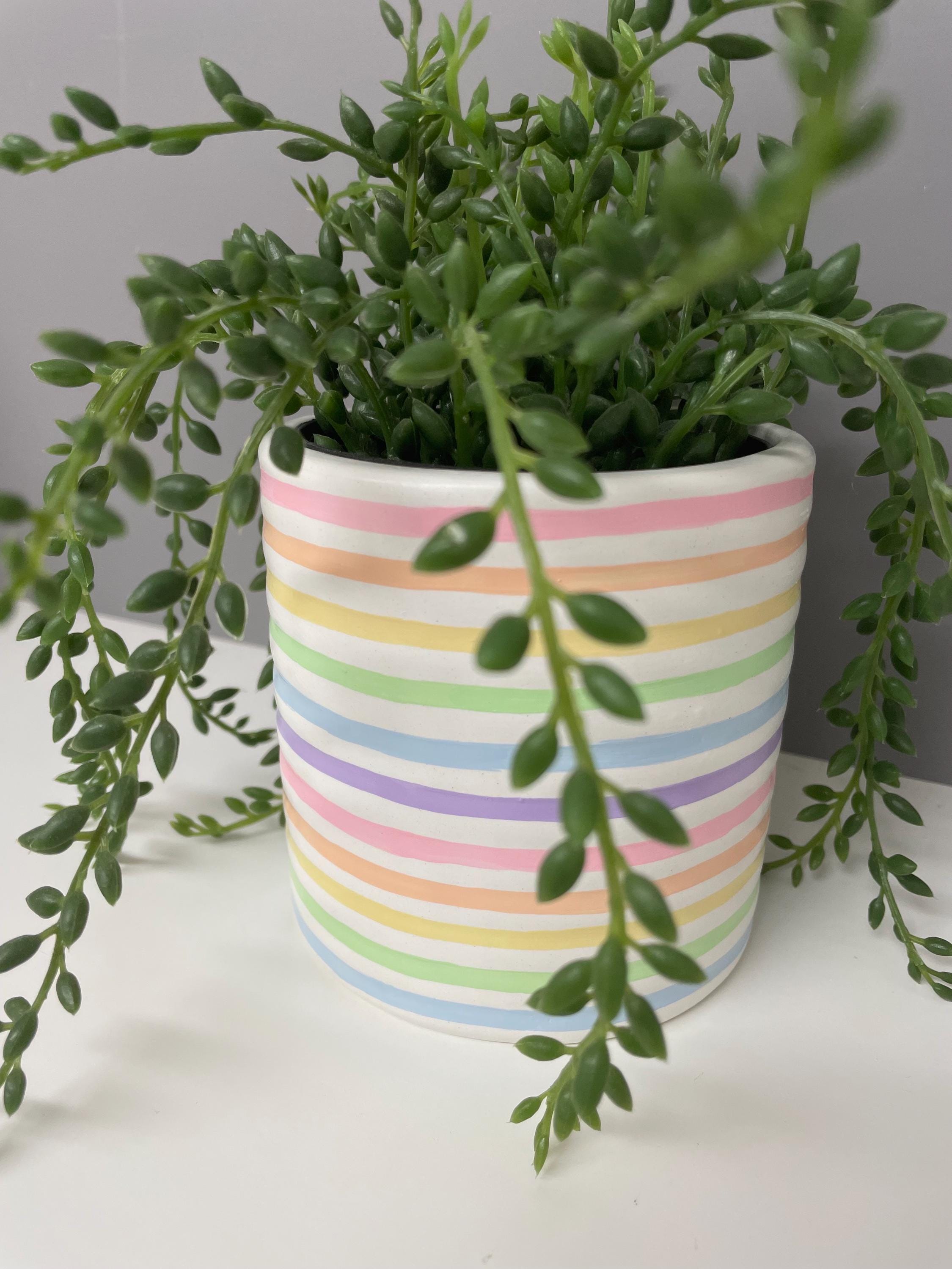 Hand Painted Ceramic Plant Pot, Pastel Rainbow Stripe Design.
