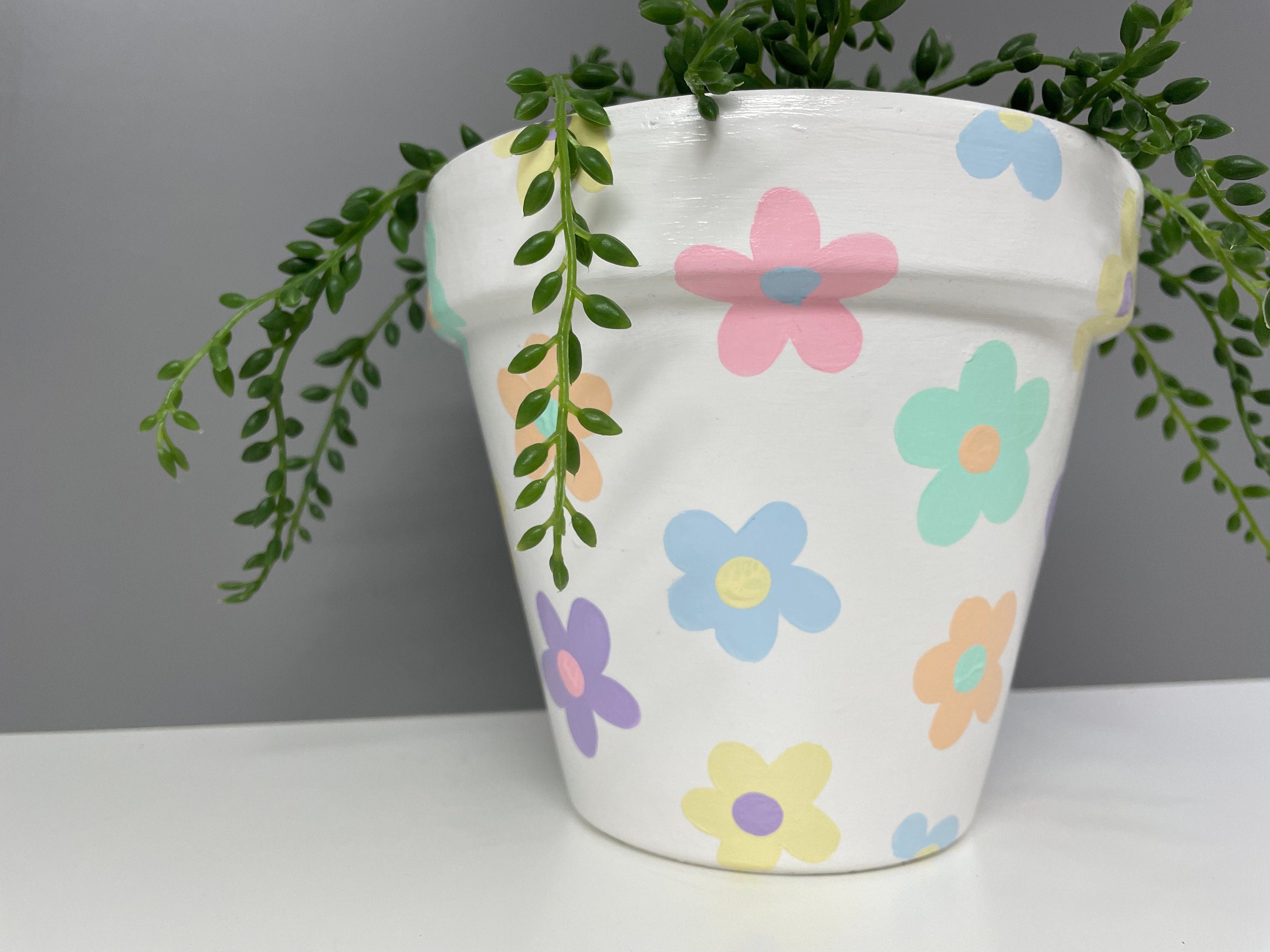 Handpainted terracotta plant pot for house plants, pastel coloured flowers.
