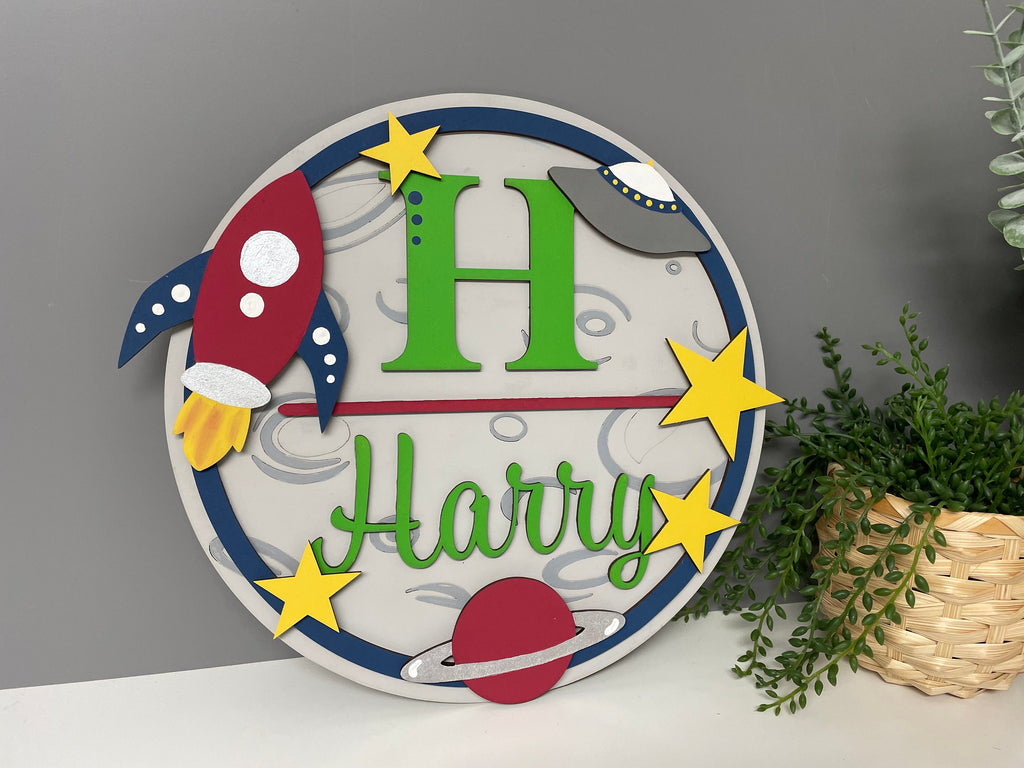 Space themed name plaque - wooden rocket sign - personalised name sign