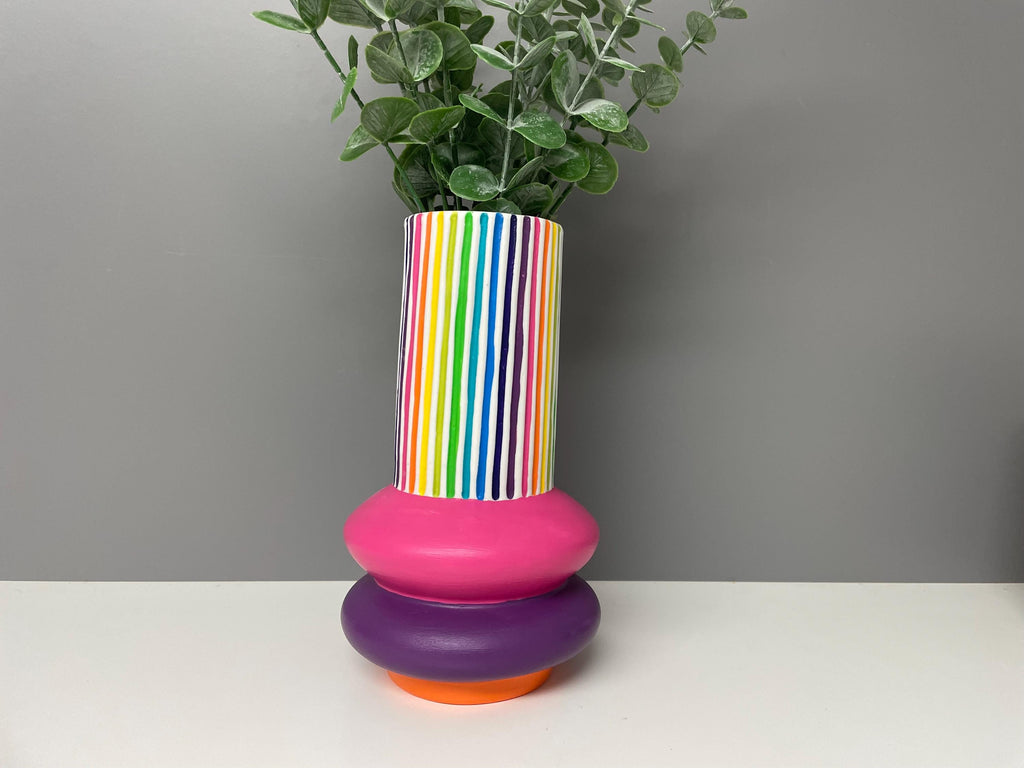 Handpainted Ceramic Vase: Rainbow Stripe Flower Vase
