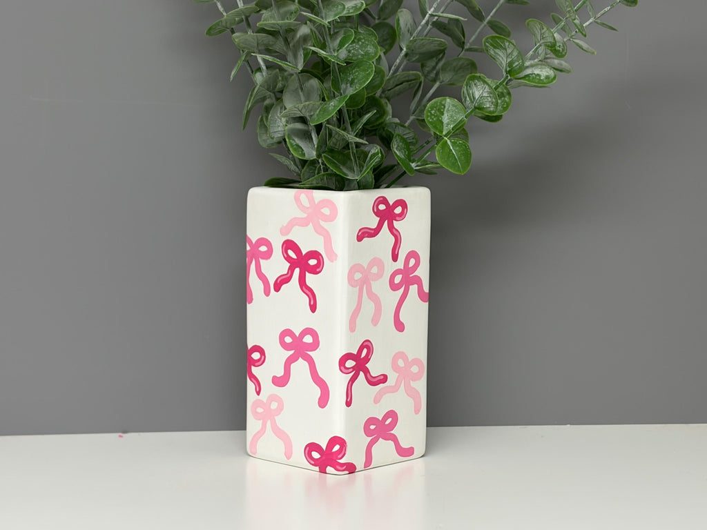 Bow hand painted ceramic vase, shades of pink, pink bow vase.