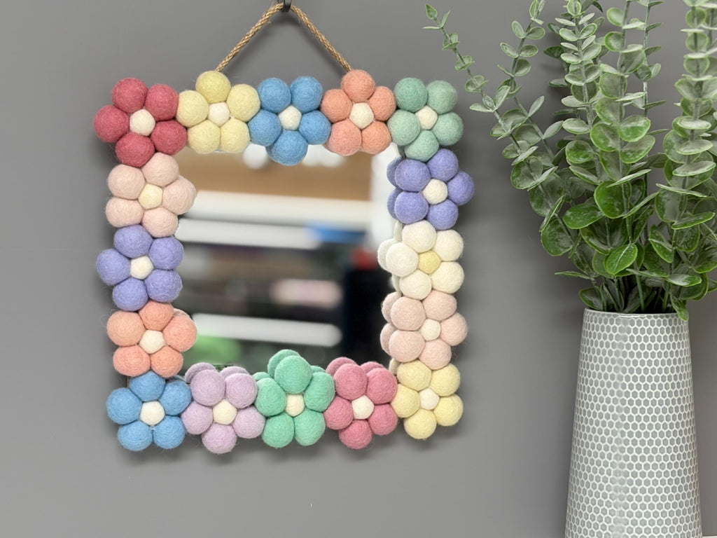 Pom Pom flower Wall Mirror, Wool Felt rainbow Pom Poms, Nursery Decor, square mirror.