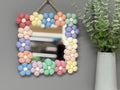 Pom Pom flower Wall Mirror, Wool Felt rainbow Pom Poms, Nursery Decor, square mirror.