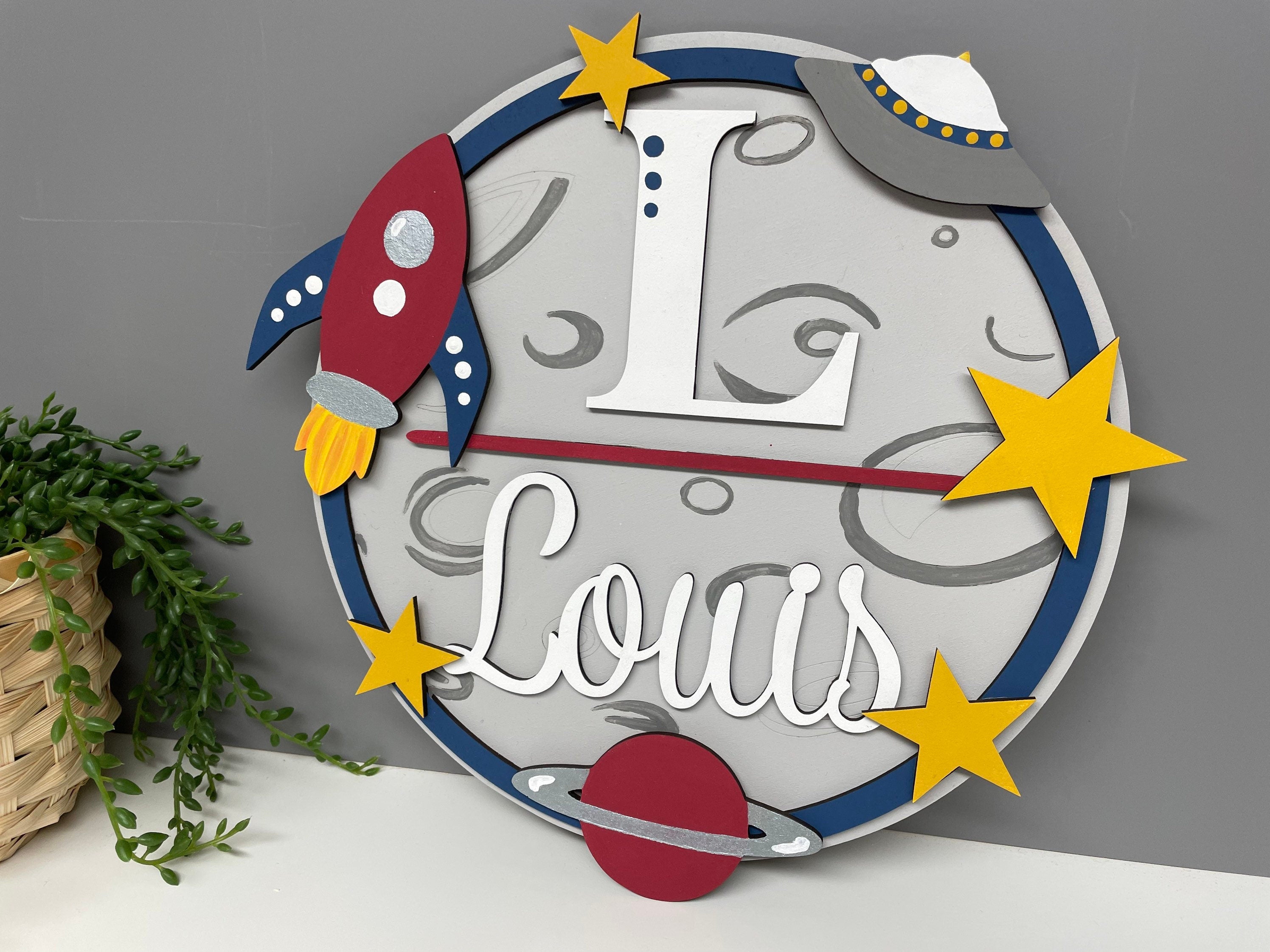 Space themed name plaque - wooden rocket sign - personalised name sign