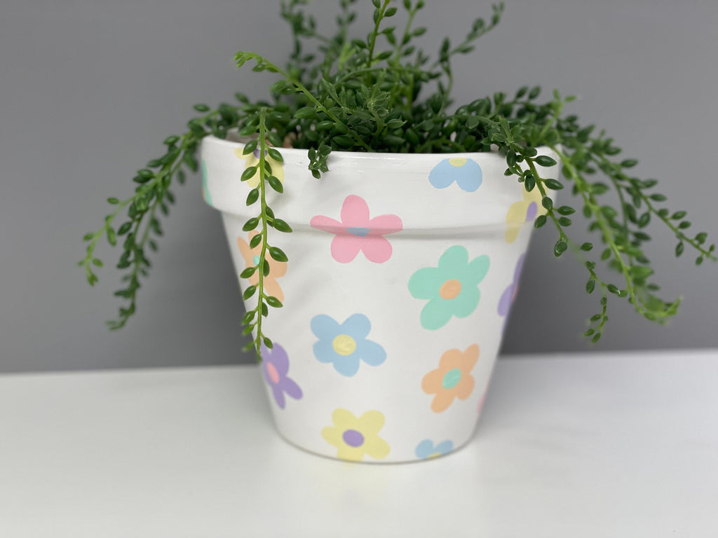Handpainted terracotta plant pot for house plants, pastel coloured flowers.